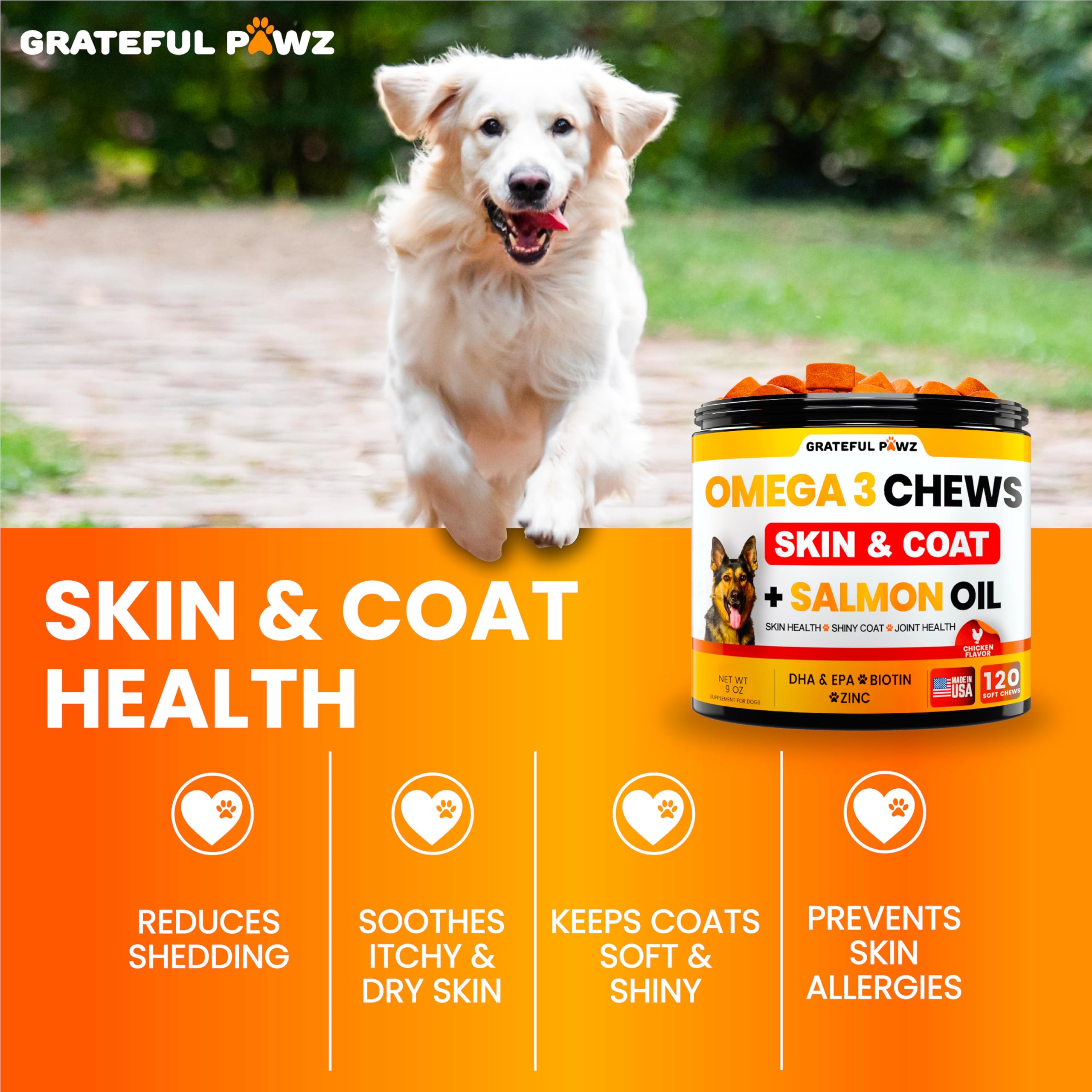Grateful Pawz dog skin health chews help with dry itchy skin.