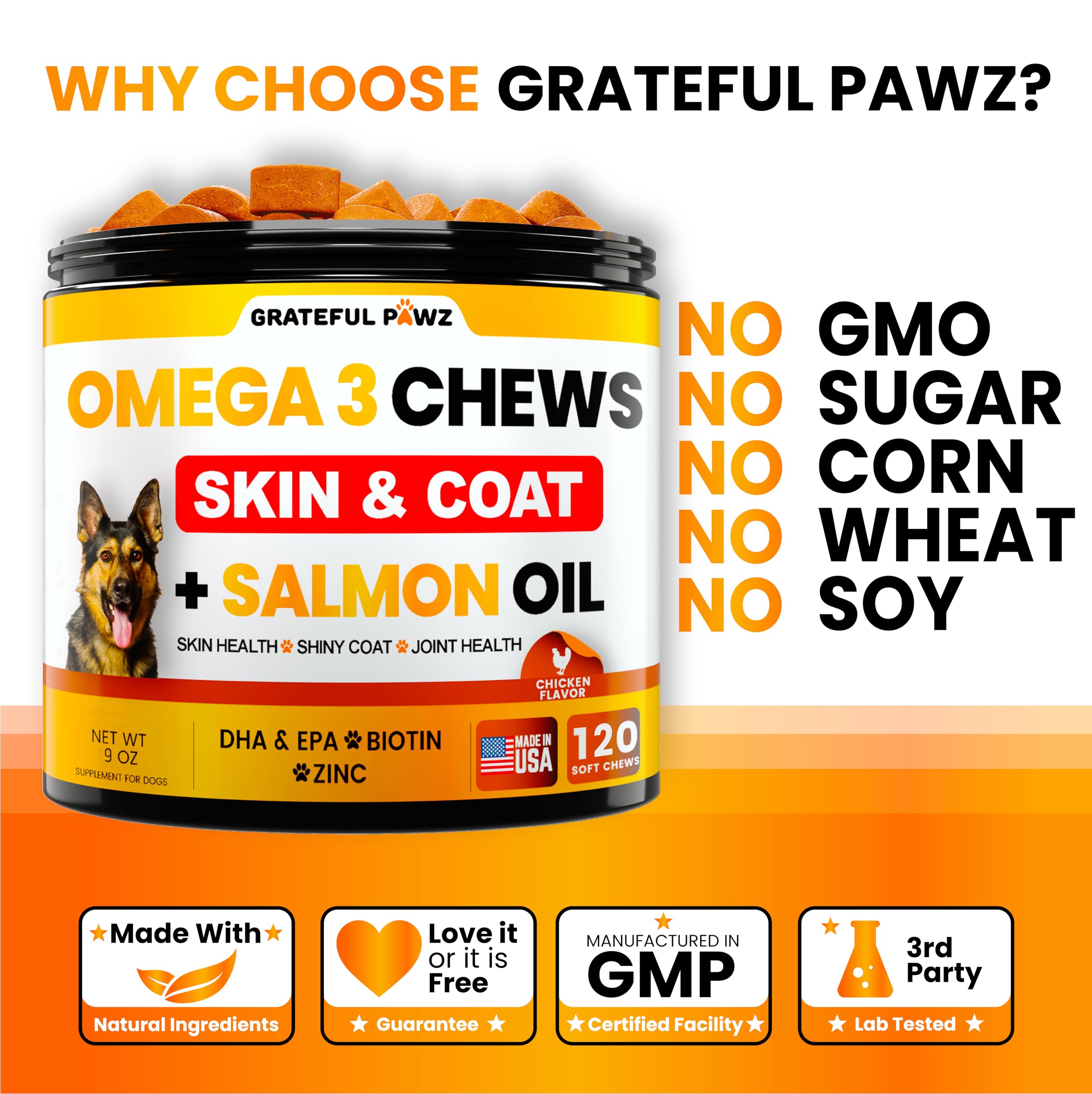 Grateful Pawz USA-made dog supplements packaging emphasizes quality and safety.