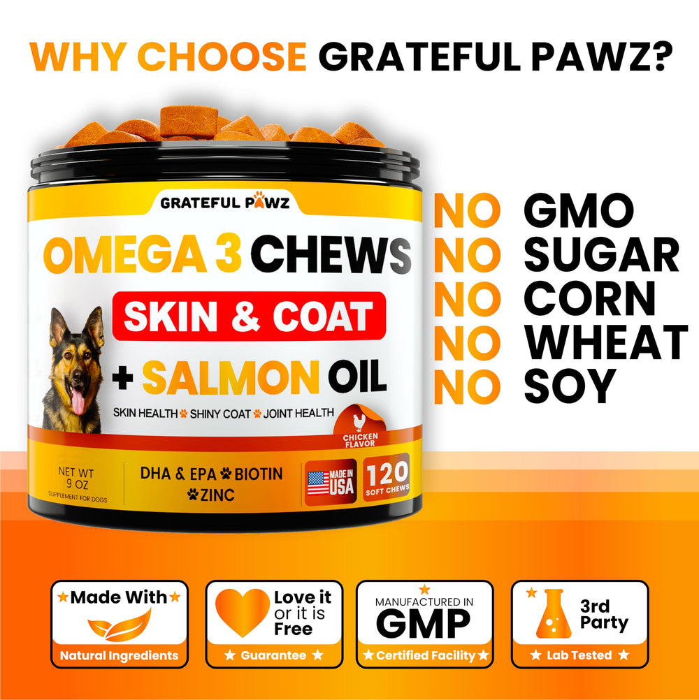 Grateful Pawz USA-made dog supplements packaging emphasizes quality and safety.