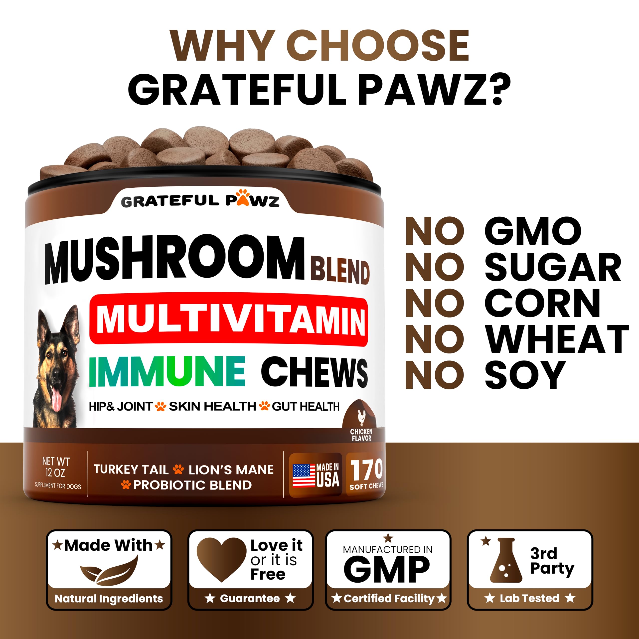 Grateful Pawz USA-made vet-formulated dog supplement bottle.