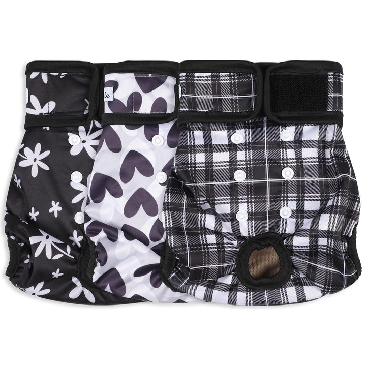 Grecle female dog diapers show five sizes for a customizable fit.