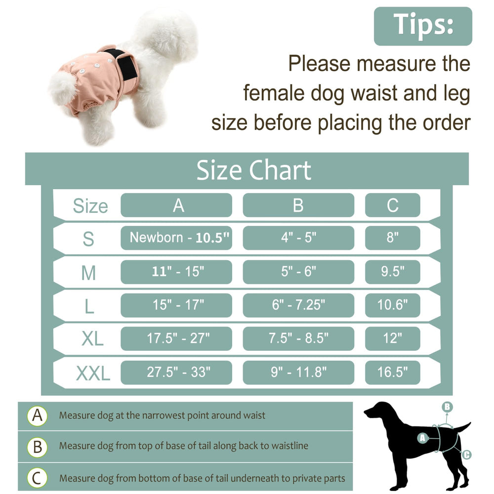 Grecle five-sizes chart for dog diapers - easy sizing guide for best fit.