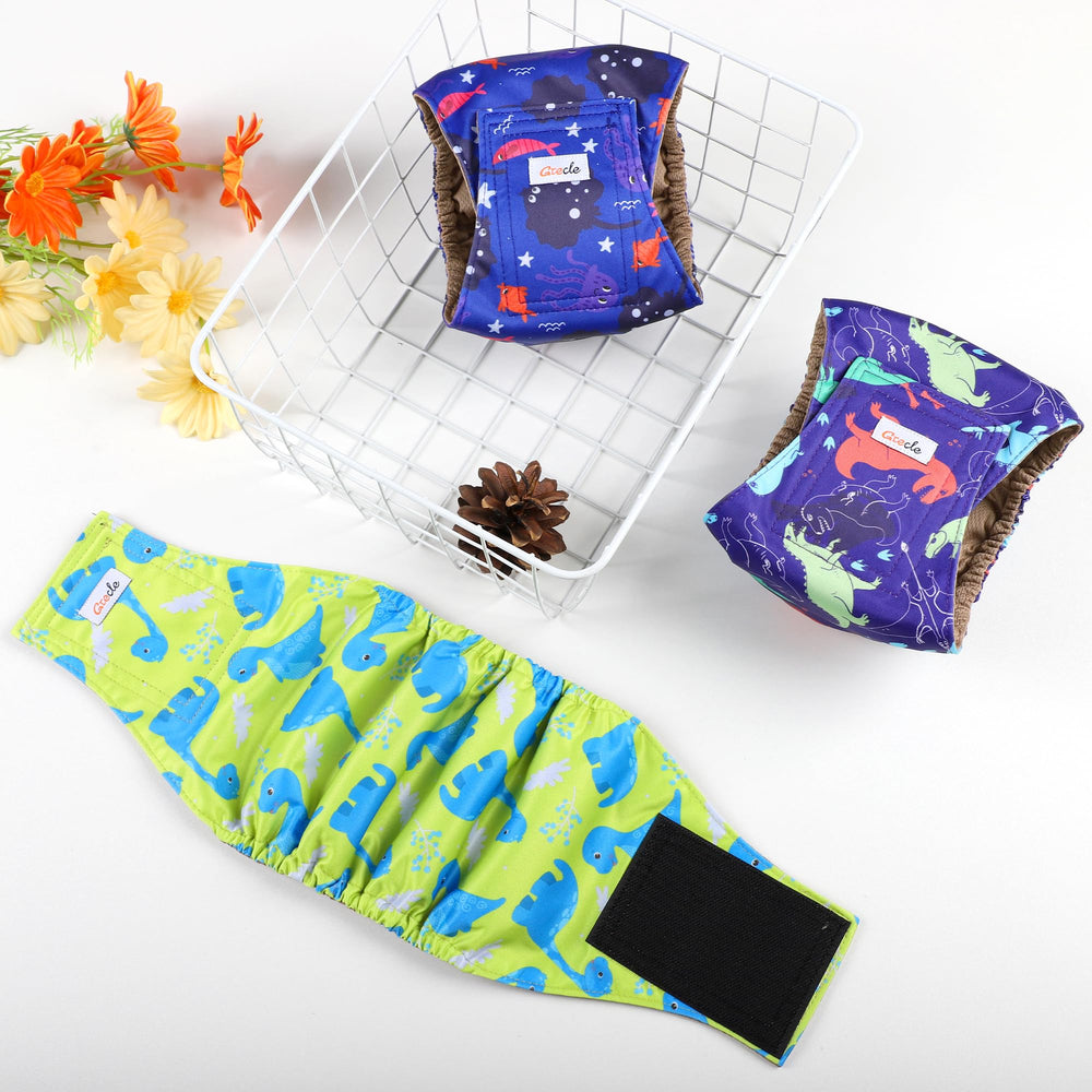 Grecle machine-washable male diapers simplify cleanups after many wears.