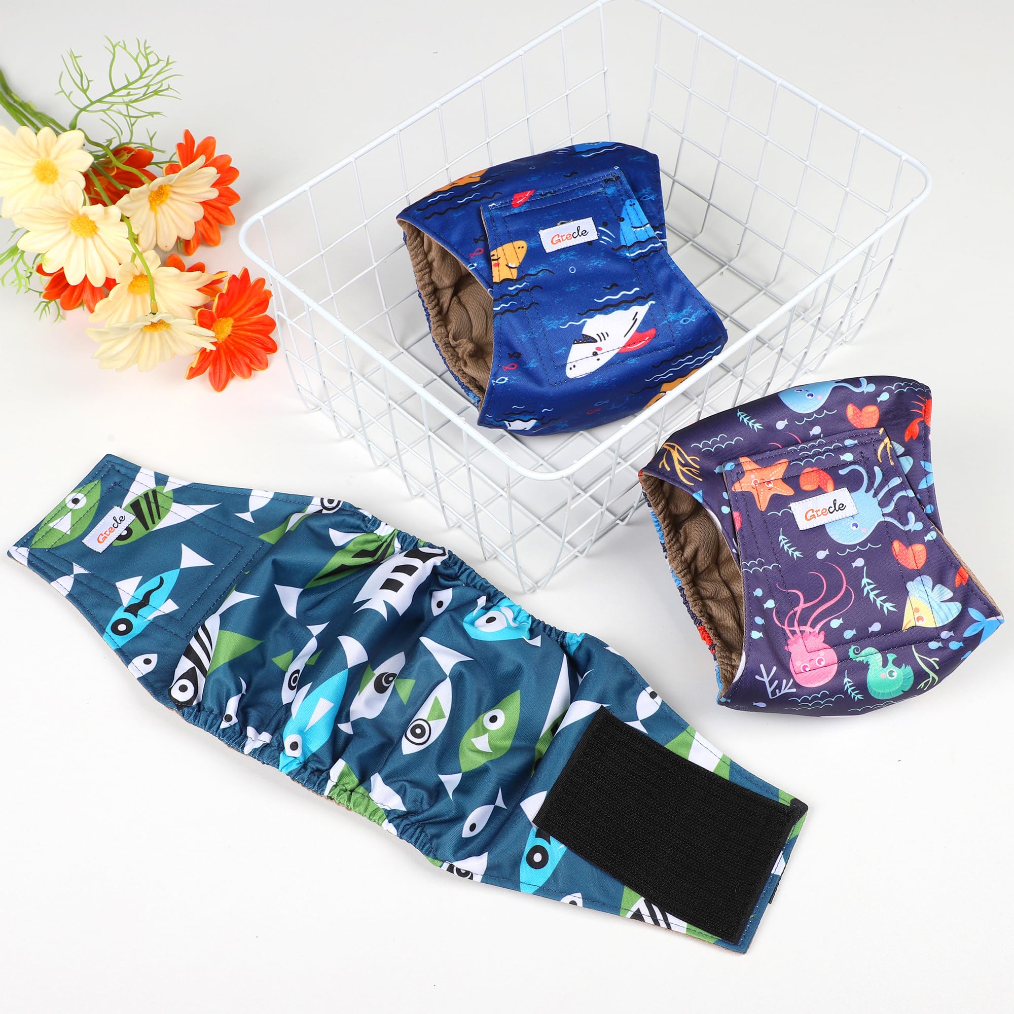 Grecle male dog diapers aid post-op care and training.