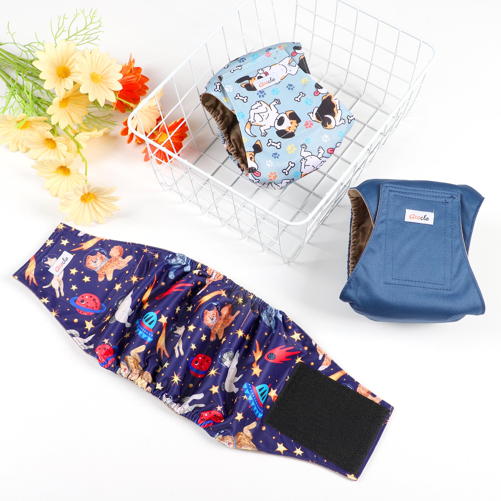 Grecle pattern variety dog diapers showcasing style options for training and daily wear.