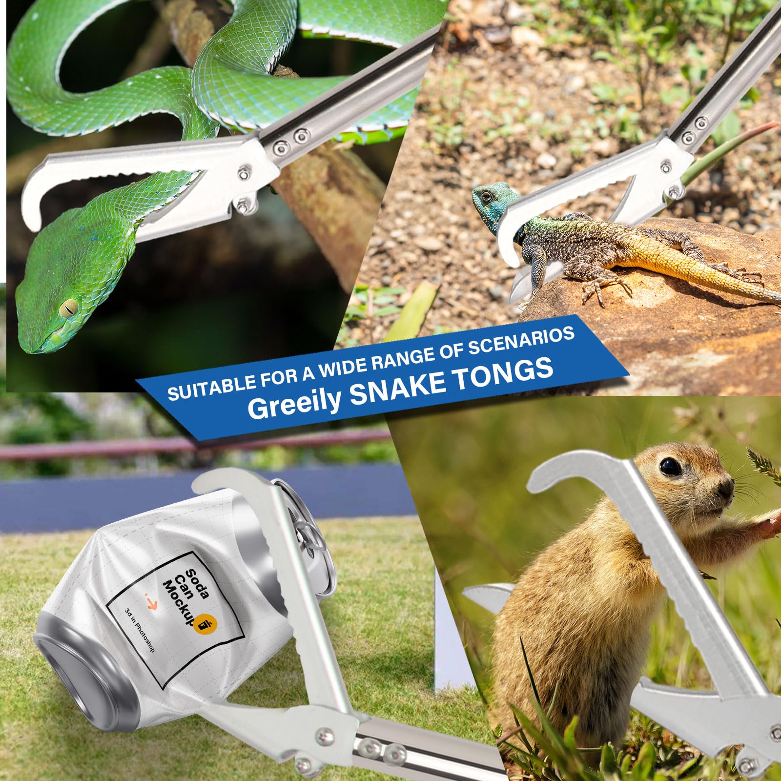 Greeily Snake Grabber doubles as reptile feeding tongs