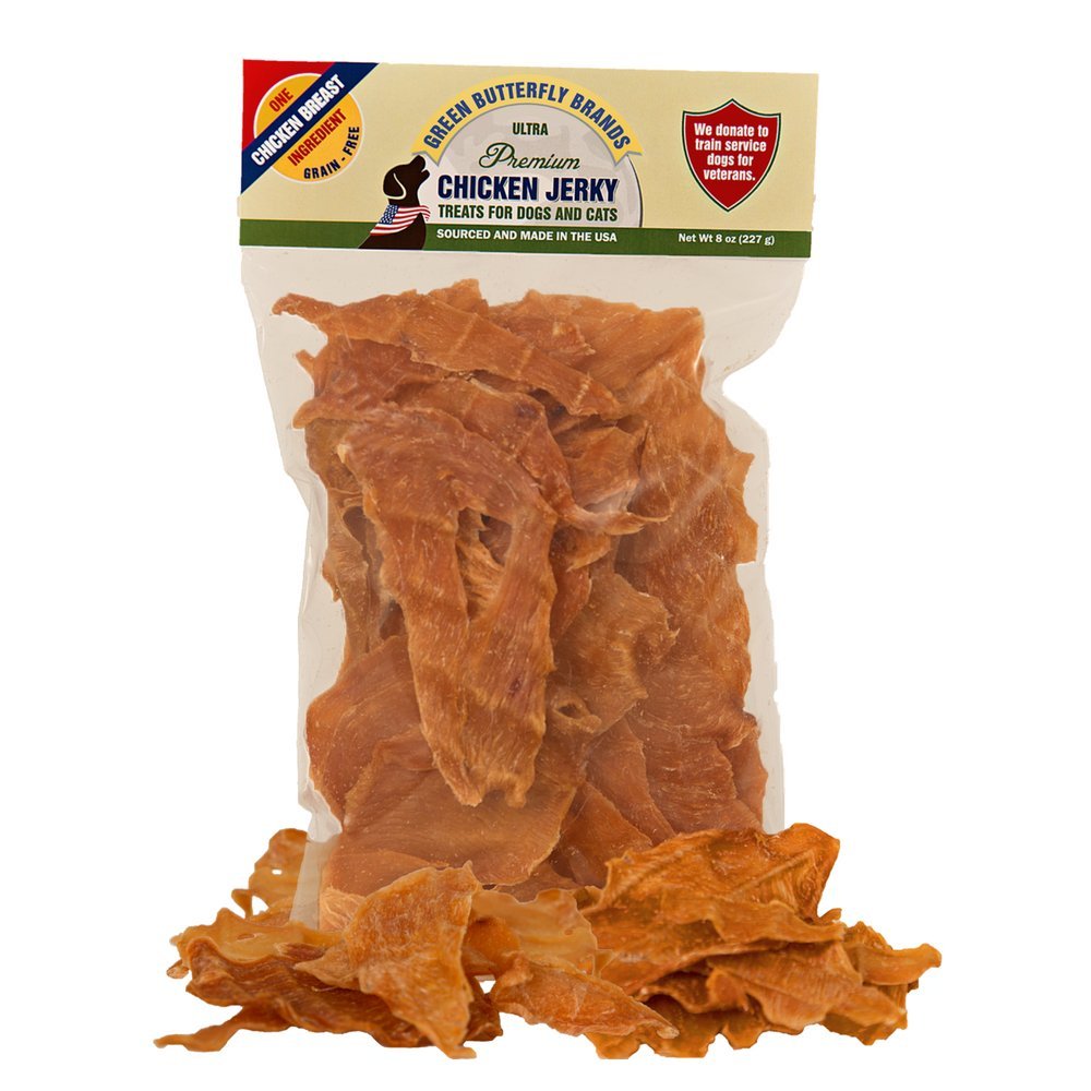 Green Butterfly Brands Chicken Jerky bag shows a single-ingredient treat ideal for training.
