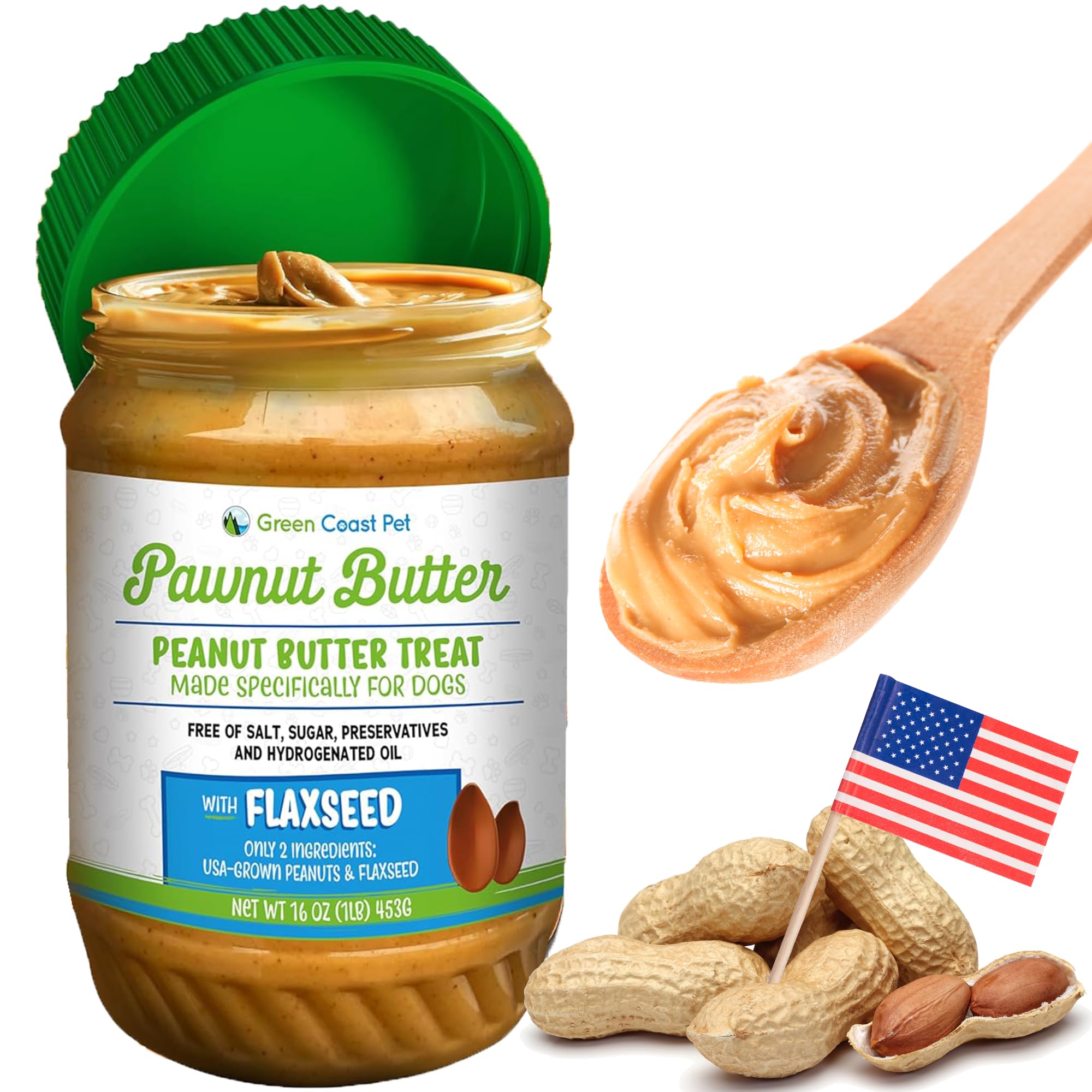 Green Coast Pet peanut butter for dogs in a jar with simple ingredients.