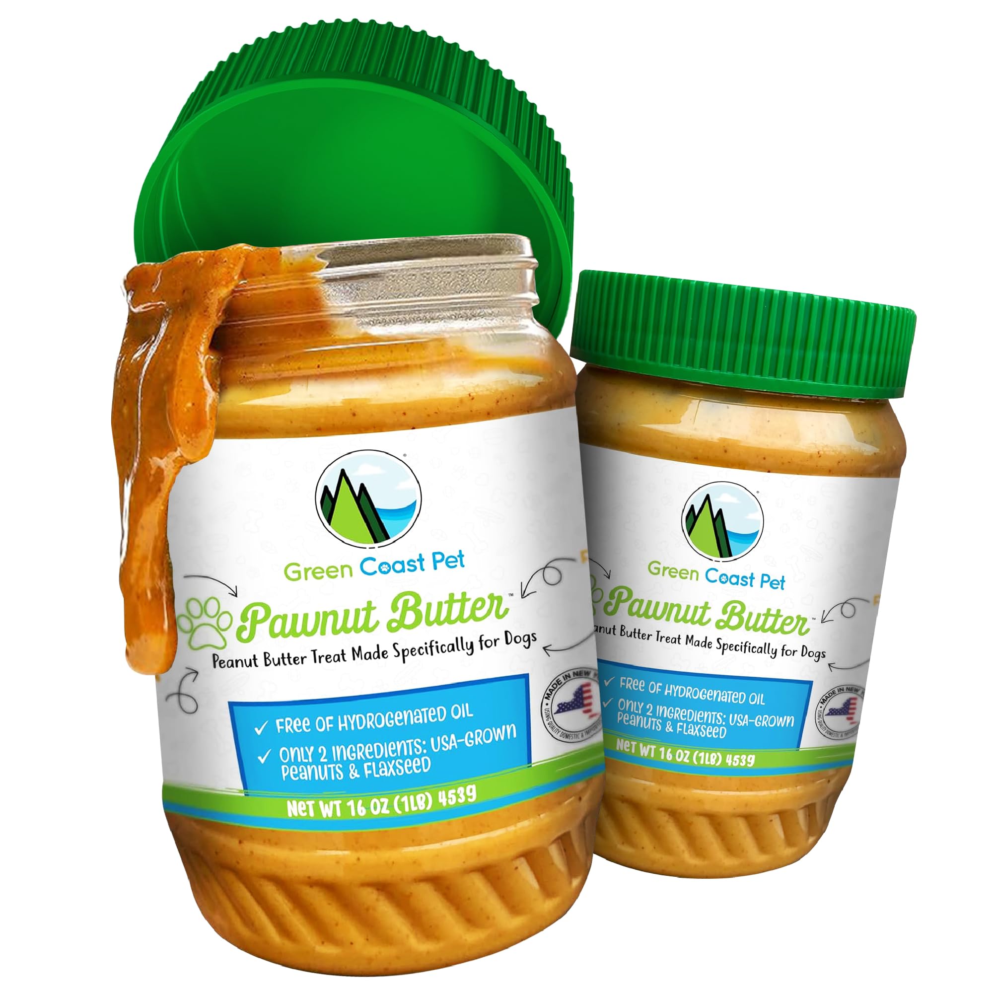 Creamy Green Coast Pet peanut butter on a spoon, a dog-friendly treat.