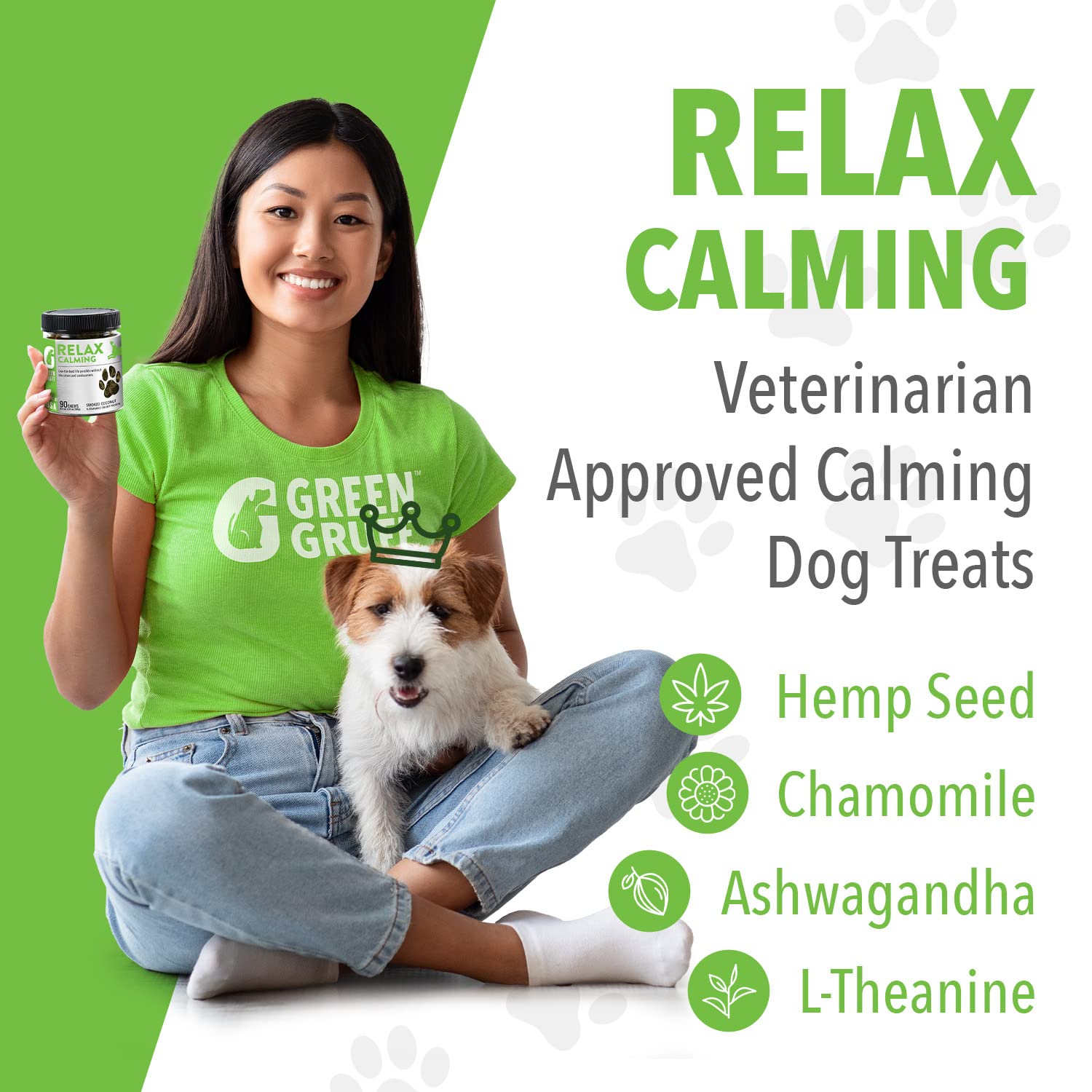 Green Gruff calming chews closeup with smoked coconut flavor dogs enjoy.