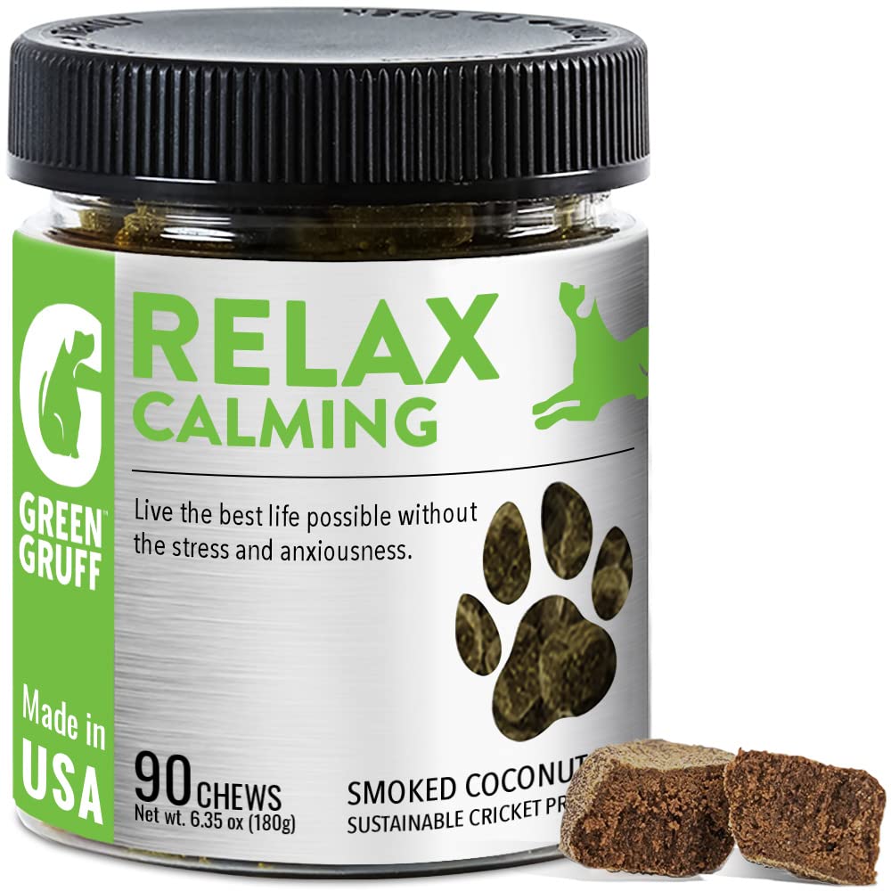 Green Gruff calming chews packaging highlights natural ingredients for daily calm support.