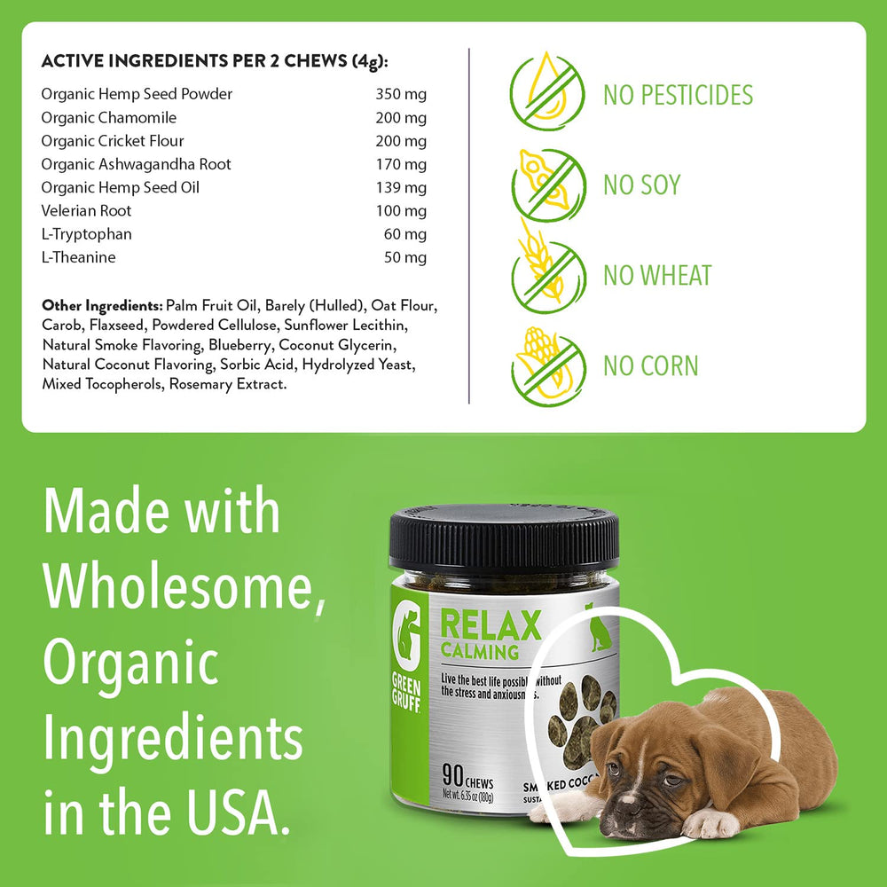 Green Gruff smoked coconut flavor image suggests tasty treat for routine calm.