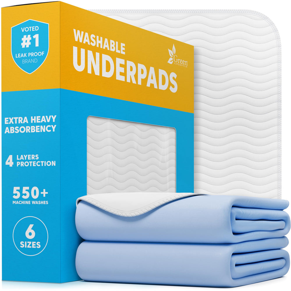 Green Lifestyle washable underpads laid flat on a bed for full coverage.