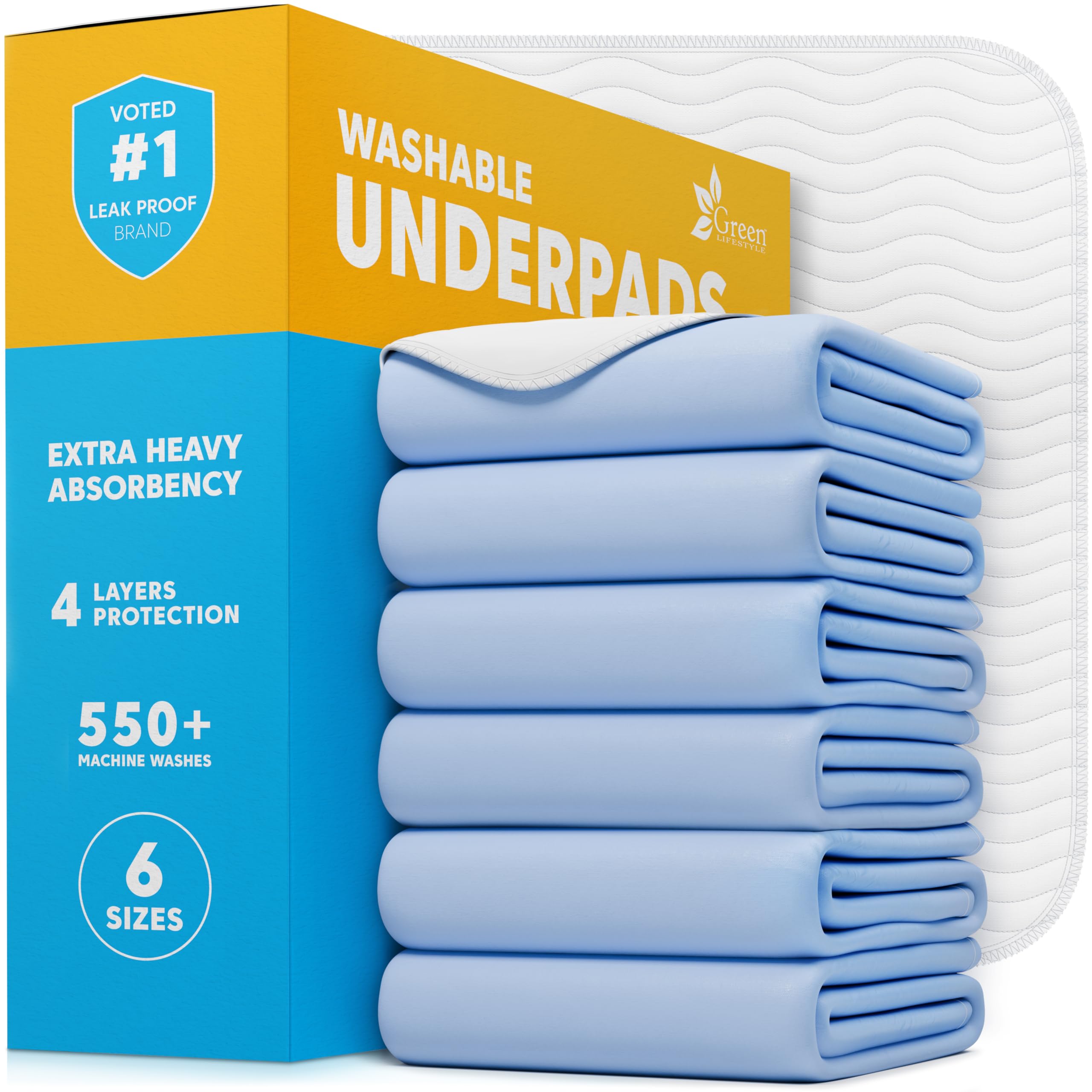 Green Lifestyle washable underpads pack-6, 30x34 inches, easy bed protection.