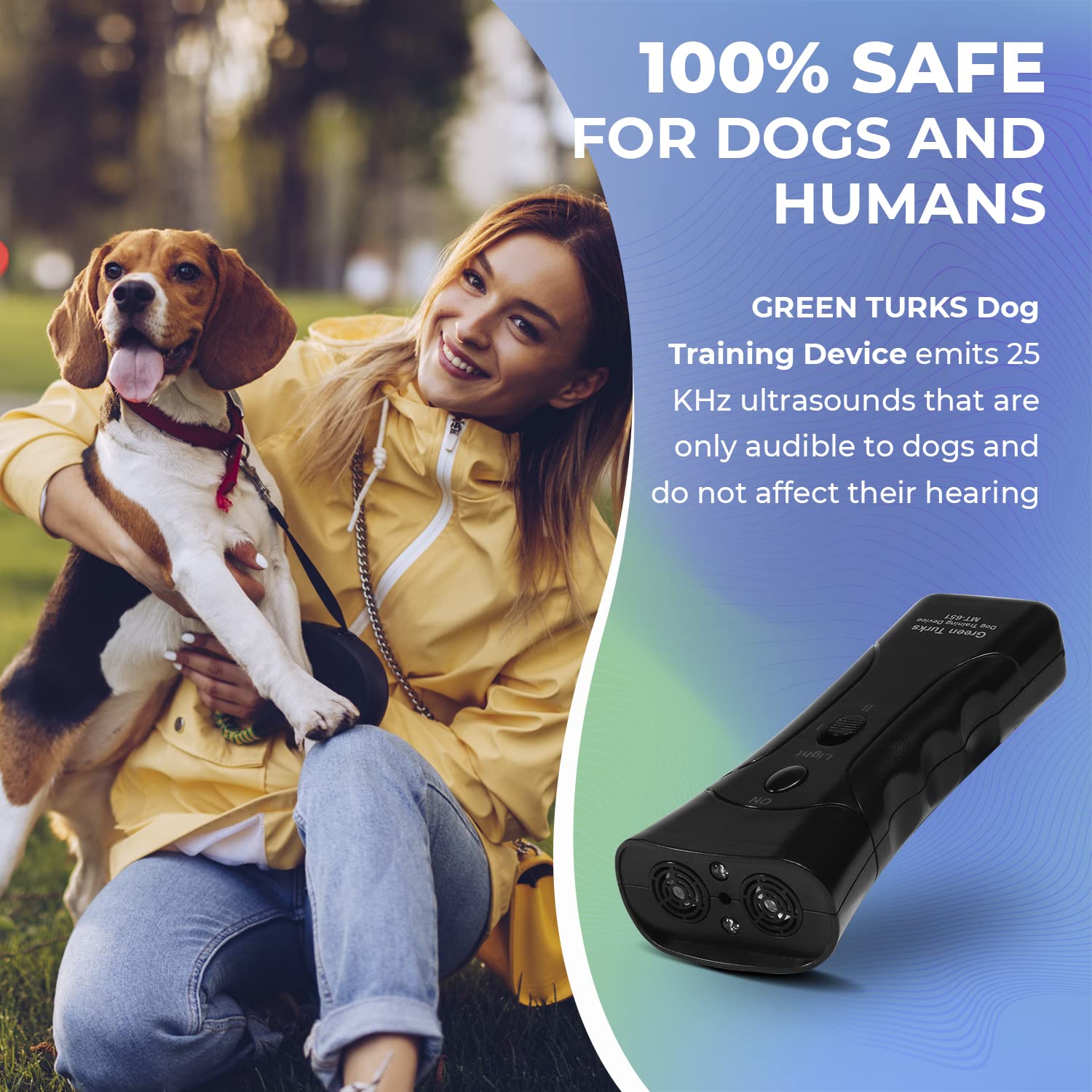 GREEN TURKS Ultrasonic Dog Repeller LED Light highlights compact design for quick indoor and outdoor use.