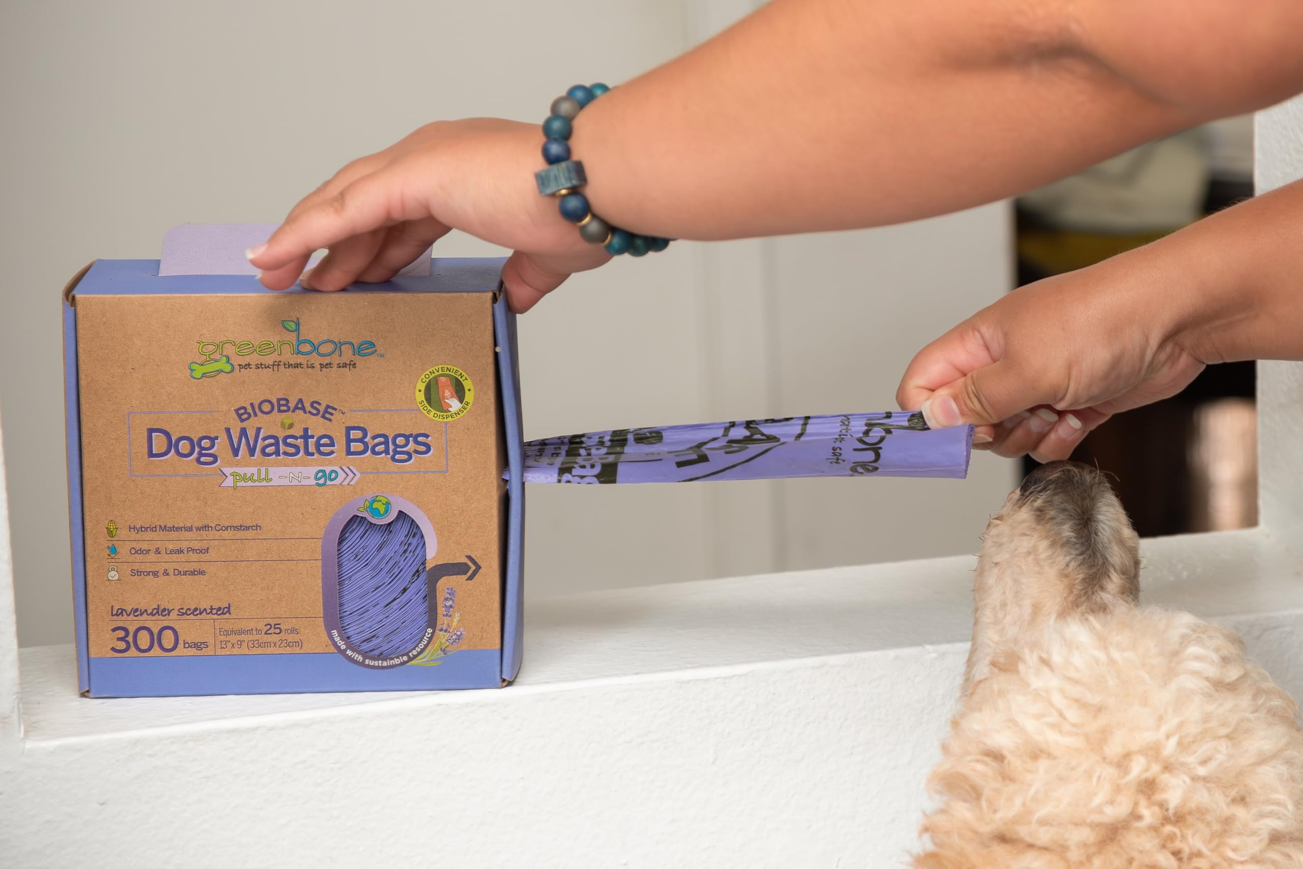 Closeup of lavender-scented BioBase bags showing durable seals for cleanup