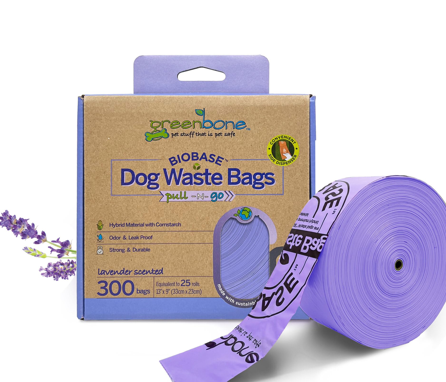 Greenbone BioBase pull-and-go poop bags roll with lavender scent, ideal for quick cleanup