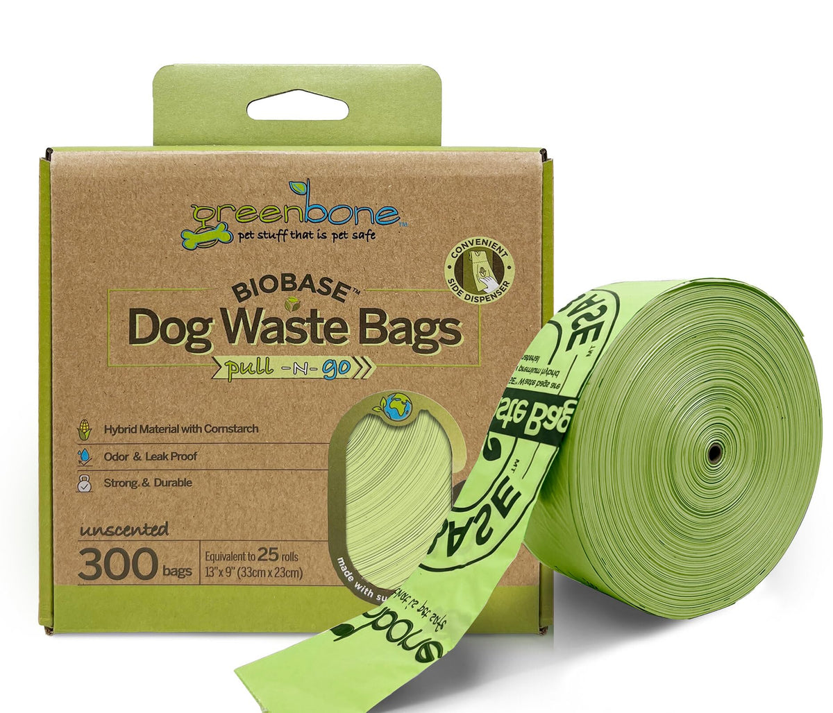 Greenbone BioBase pull-and-go poop bags roll in a box dispenser for easy use.