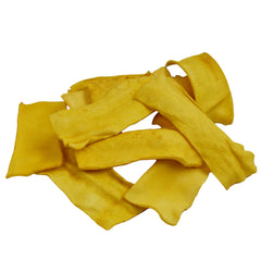Close-up texture of GreenCow Rawhide Chips chicken flavor for a durable chew