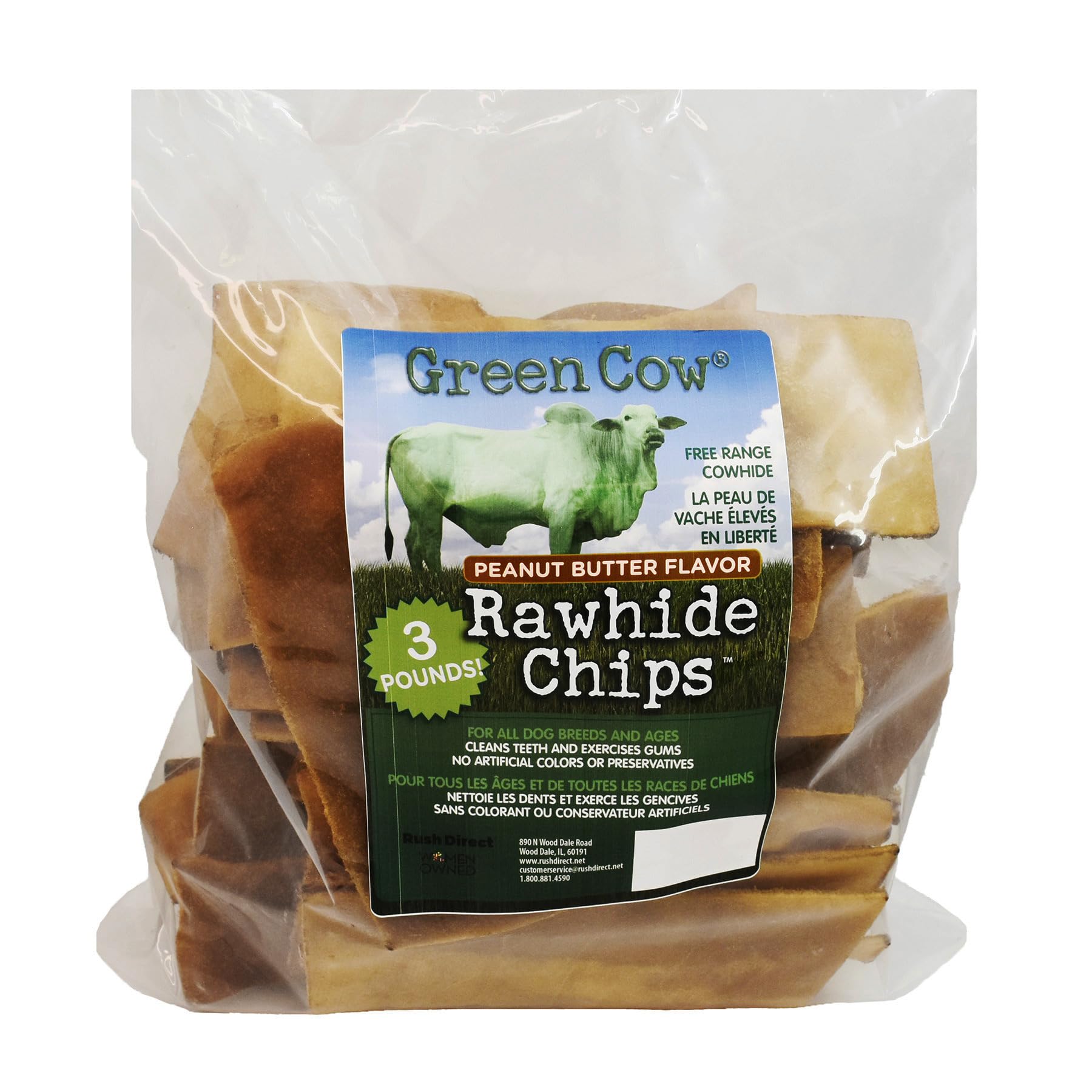 GreenCow Rawhide Chips natural beef flavor—appealing taste for dogs.