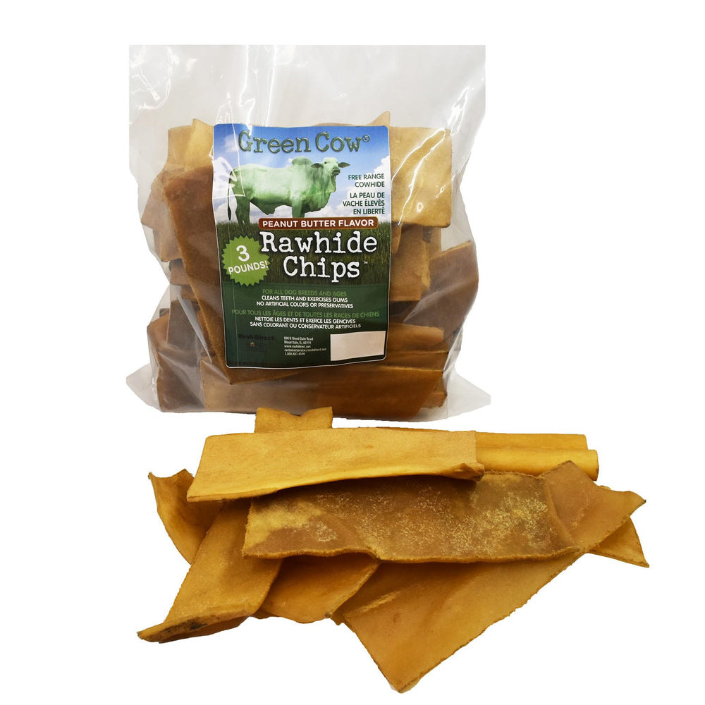 GreenCow Rawhide Chips Peanut Butter 3-Pound Bag—durable chew for large dogs.