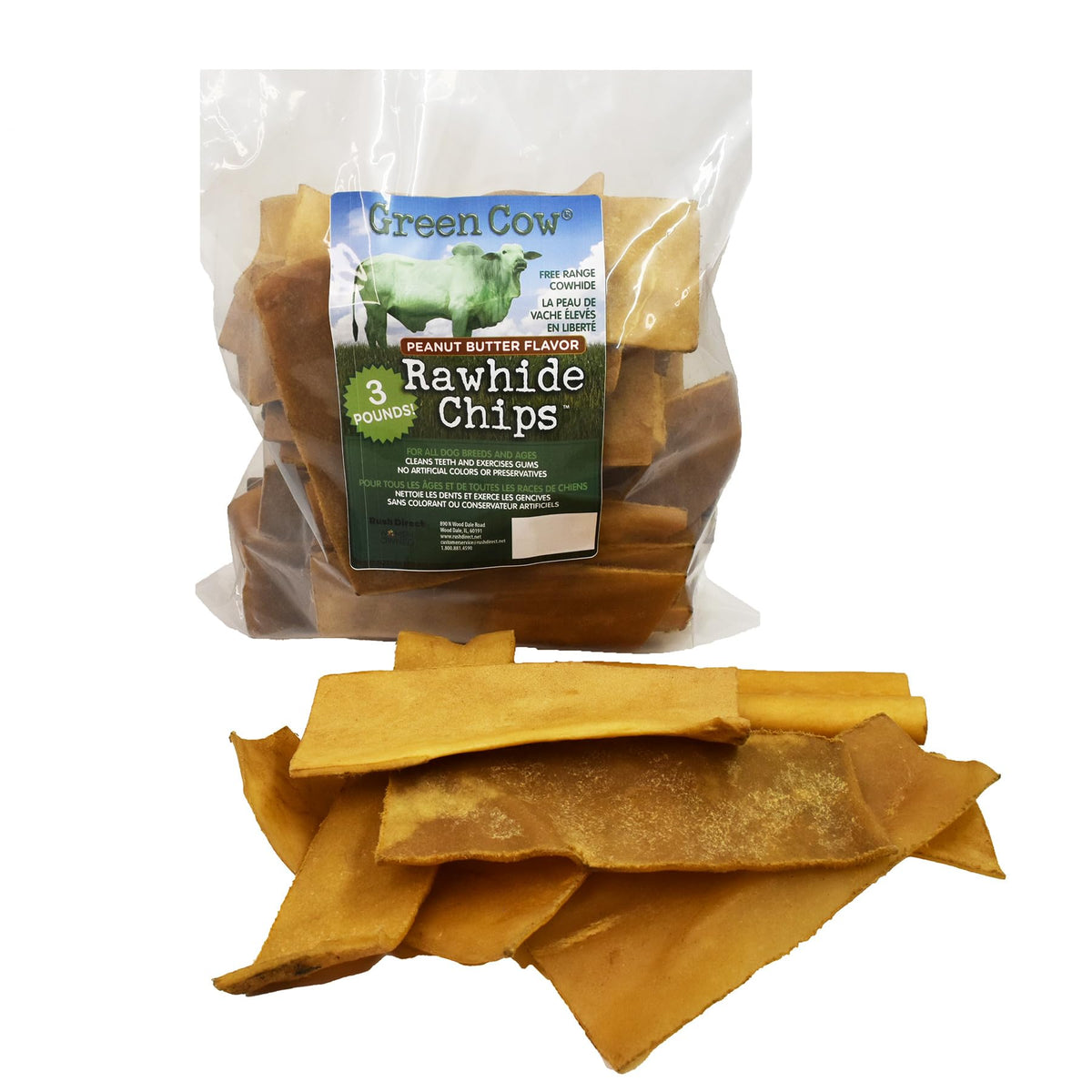 GreenCow Rawhide Chips Peanut Butter 3-Pound Bag—durable chew for large dogs.