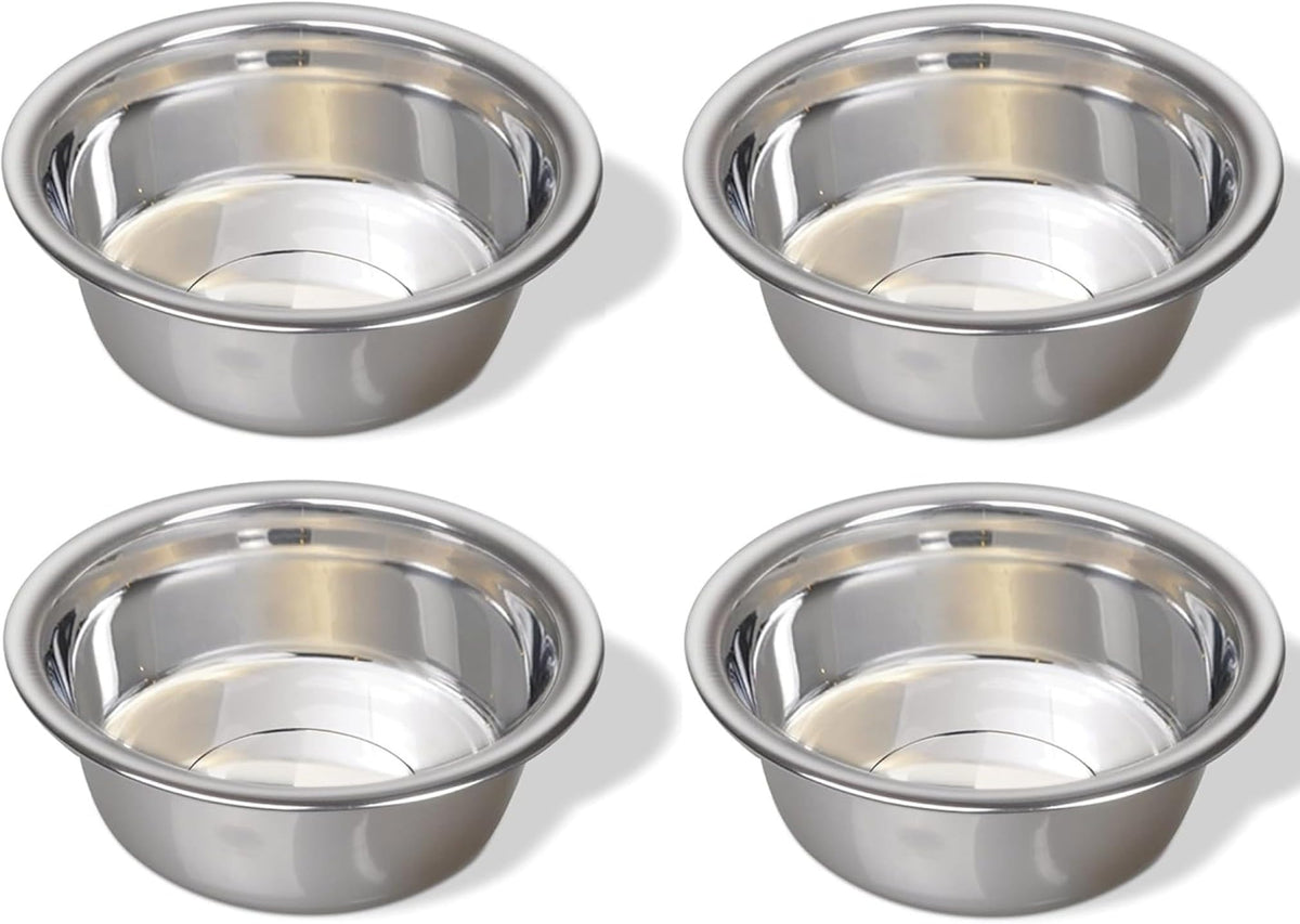 Greendale 4-pack stainless steel dog bowls with 6.75 cup capacity, durable and dishwasher safe.