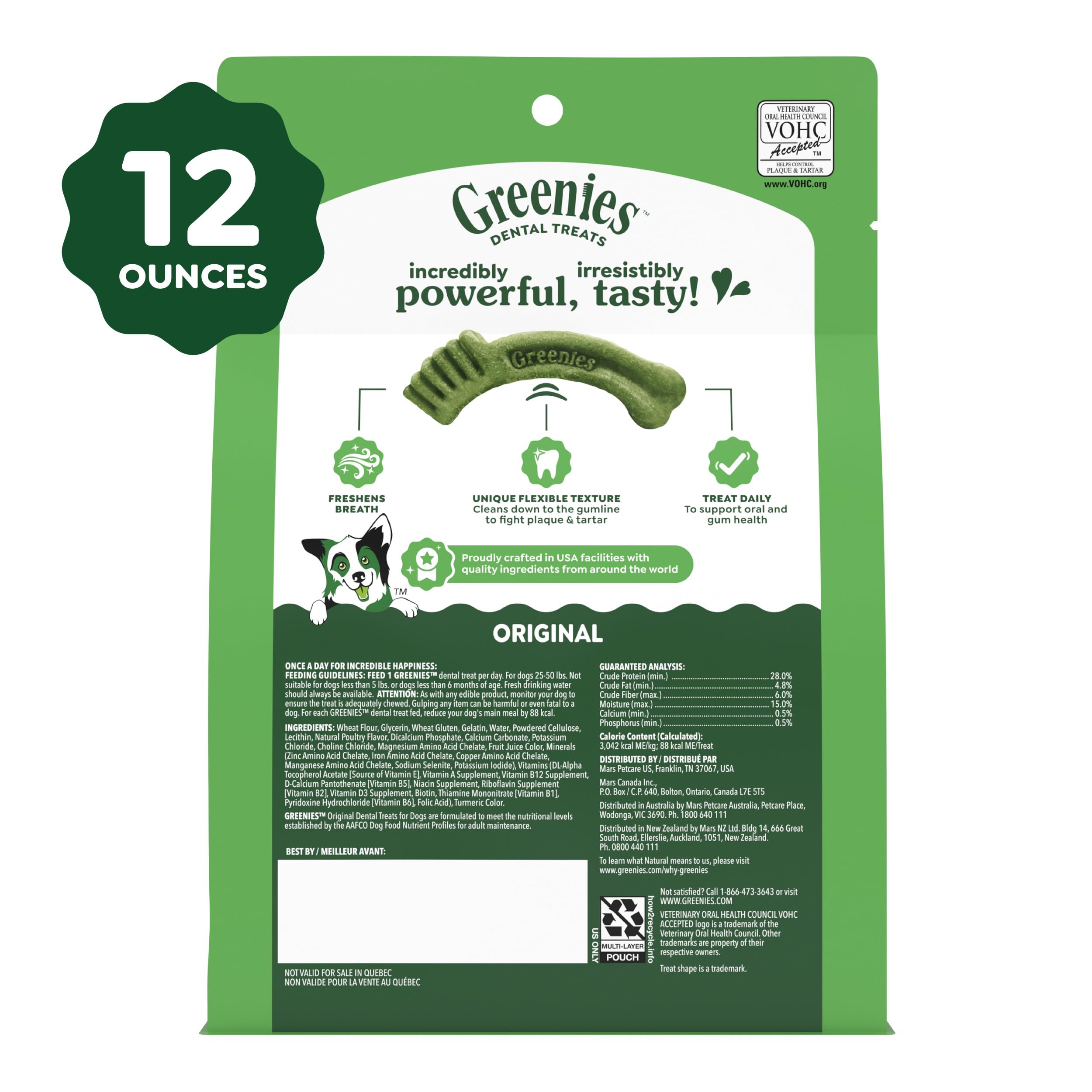 Greenies 12-ounce packaging illustration underlines value and consistent dental support