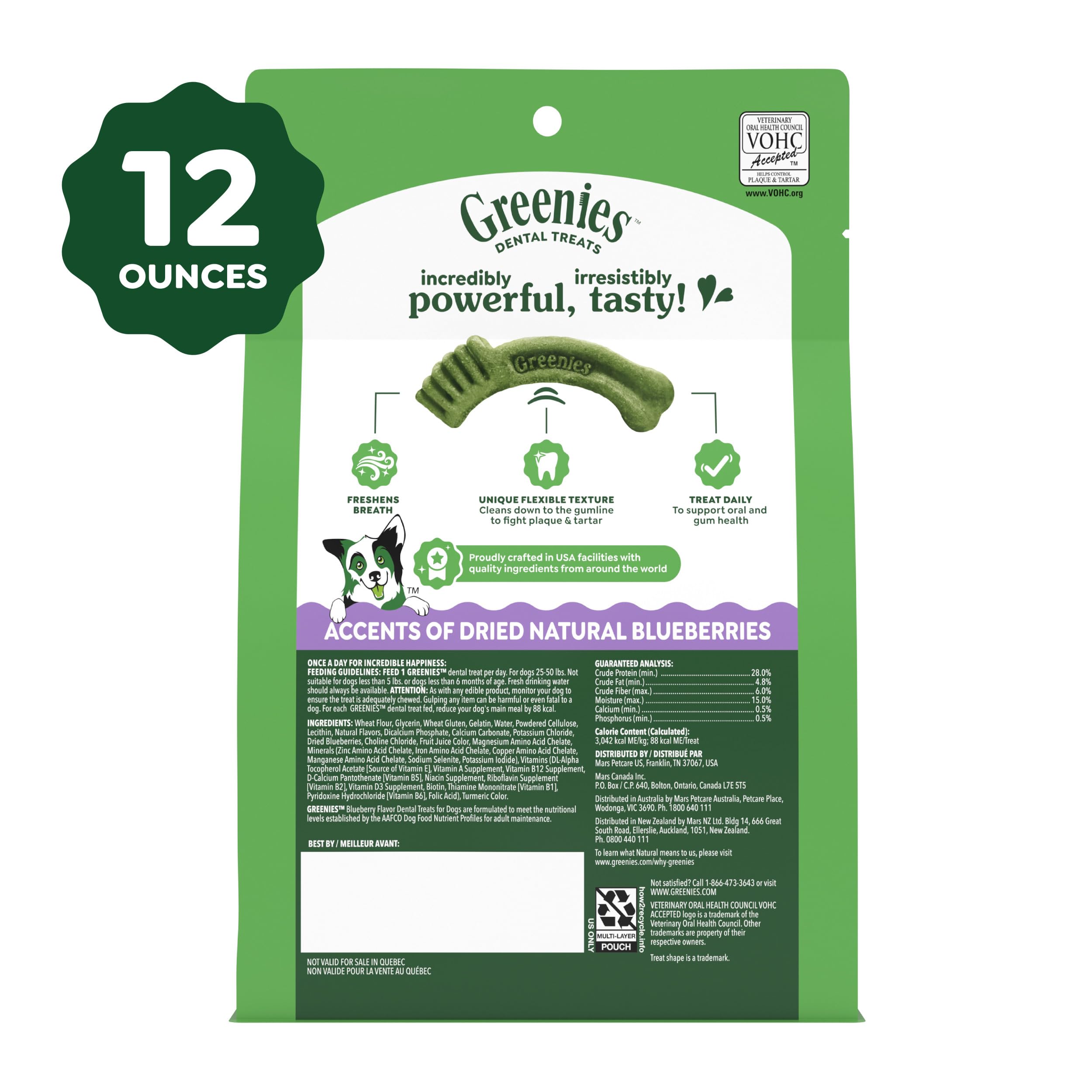 Greenies blueberry flavor dog chews deliver fresh breath and improved oral hygiene.