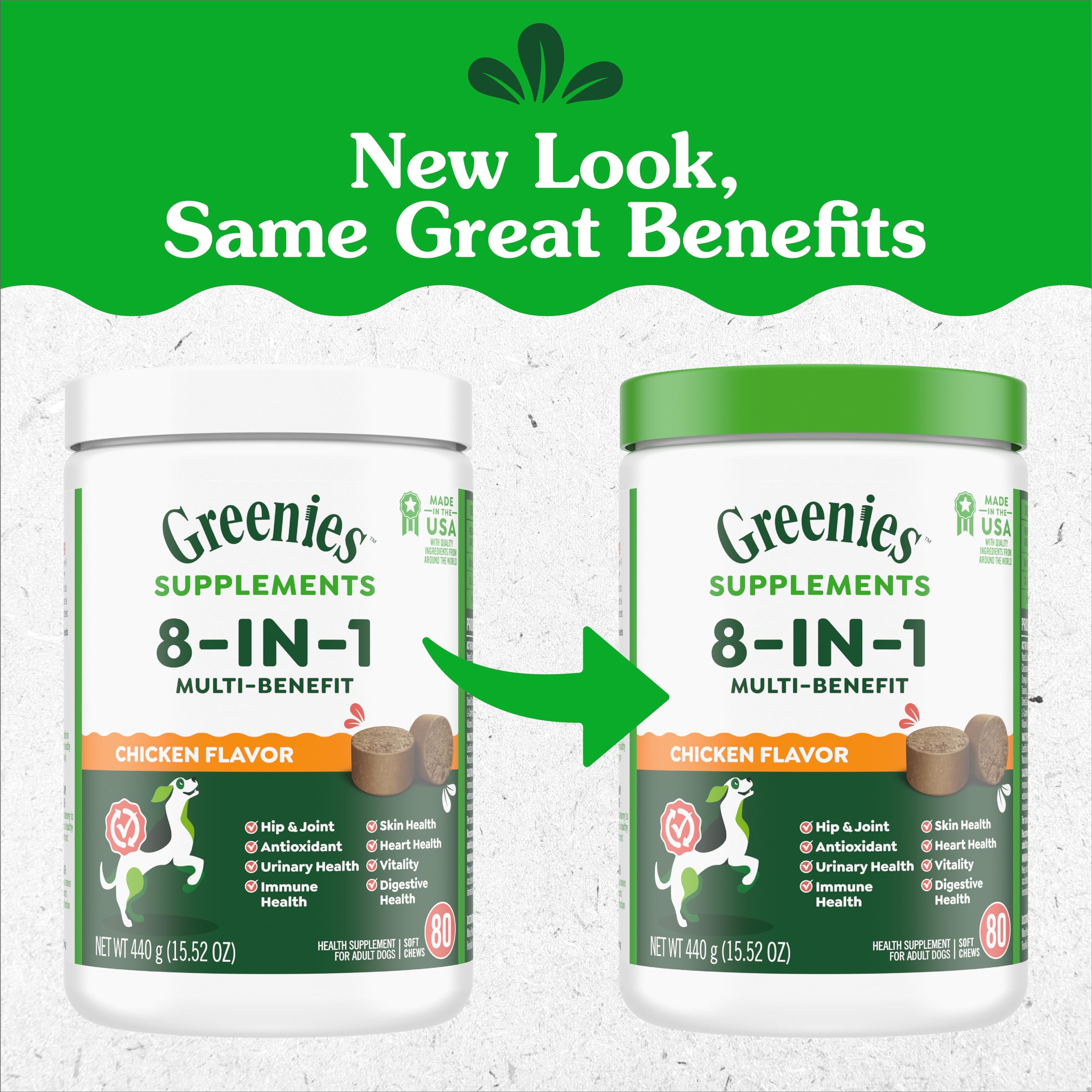 Greenies packaging highlights eight benefits for joints, digestion, and skin health.
