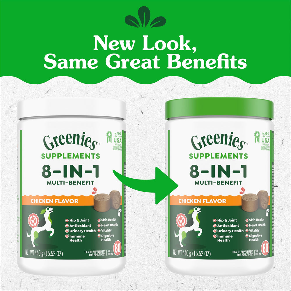 Greenies packaging highlights eight benefits for joints, digestion, and skin health.