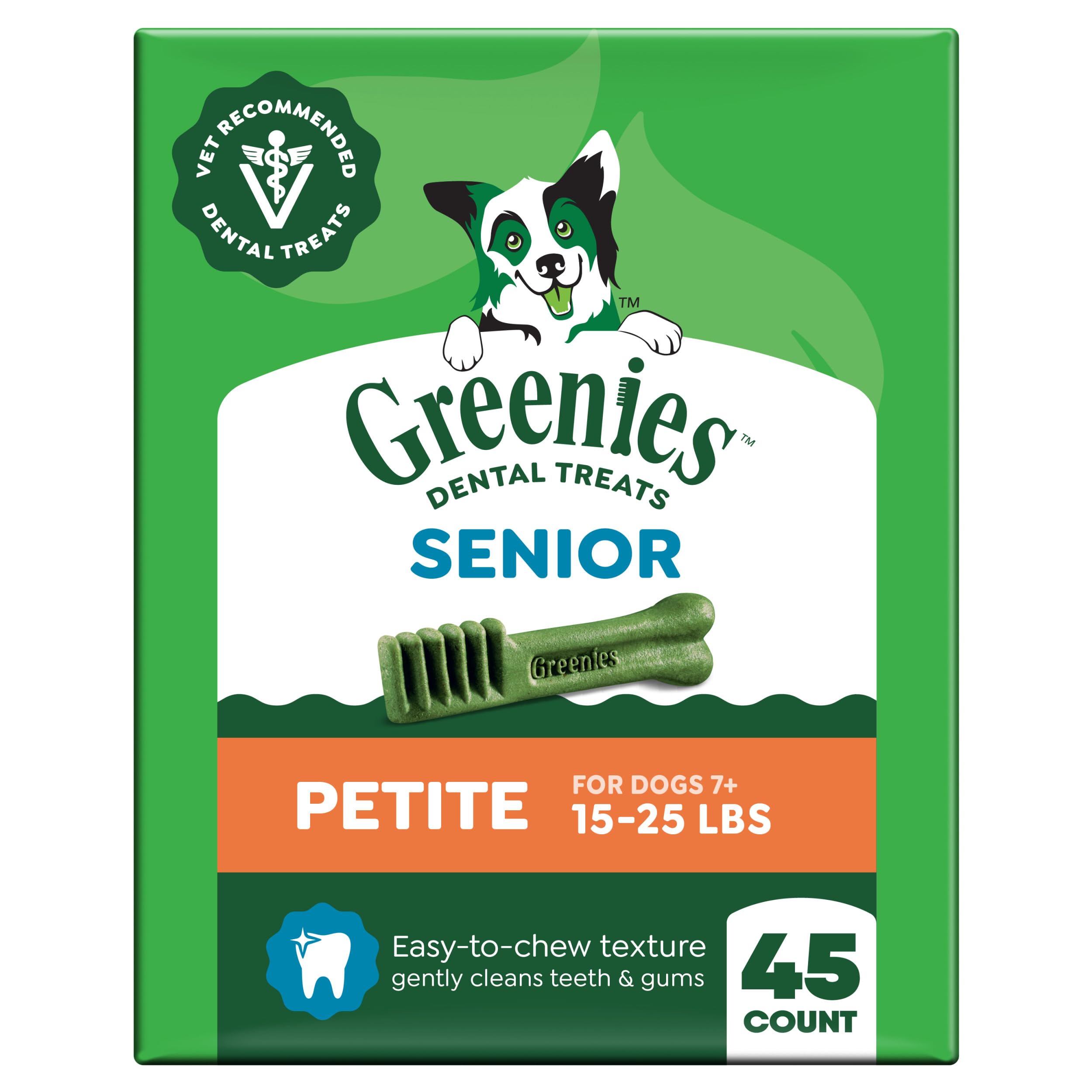 Greenies Aging Care dental treats in petite pack promote fresher breath for seniors.