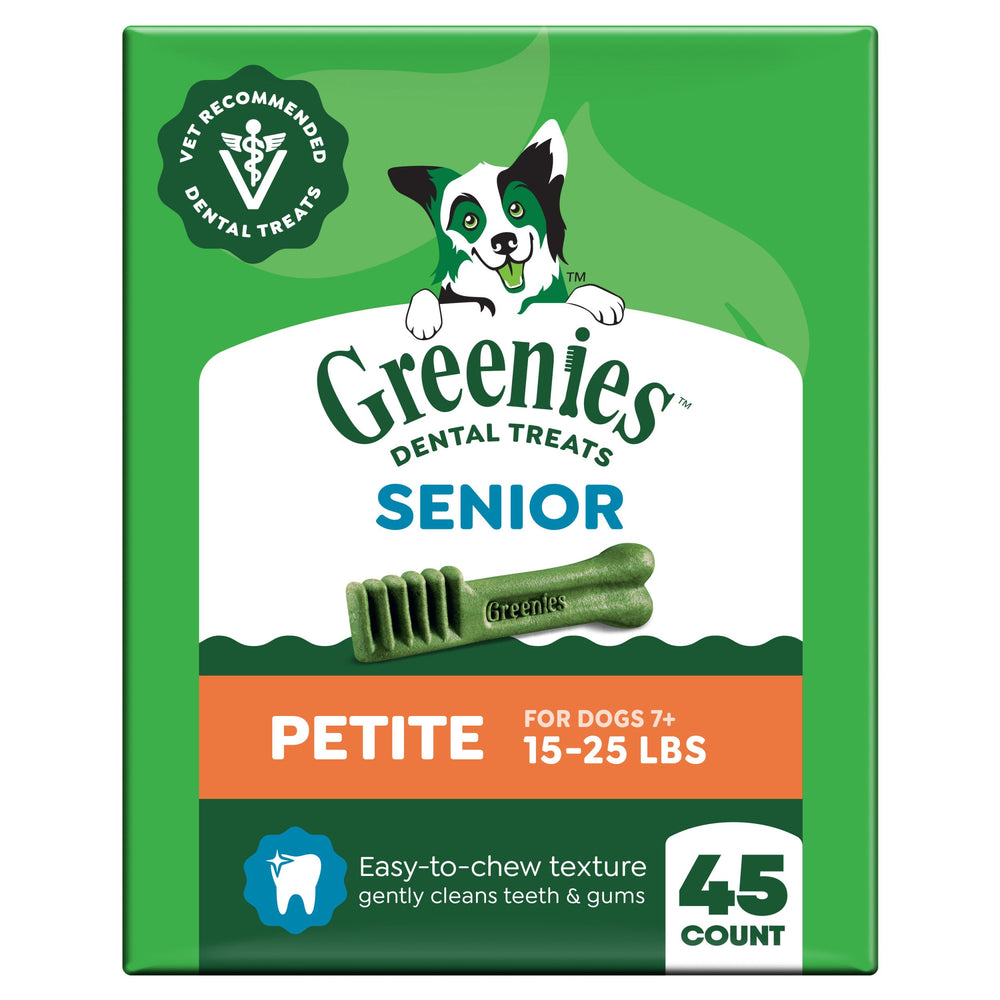 Greenies Aging Care dental treats in petite pack promote fresher breath for seniors.