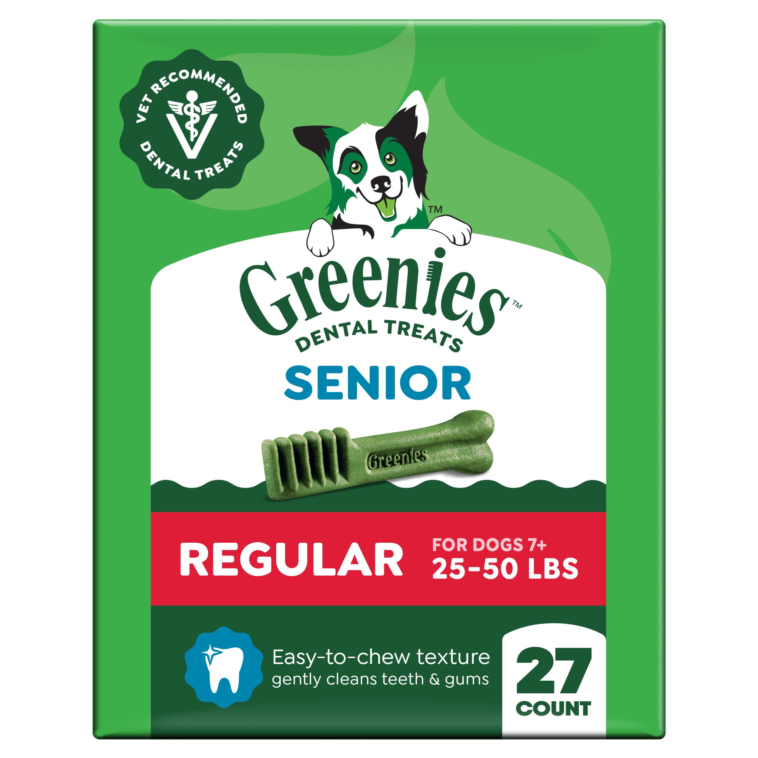 Greenies Aging Care dog treats in a 27 oz pack for daily dental care