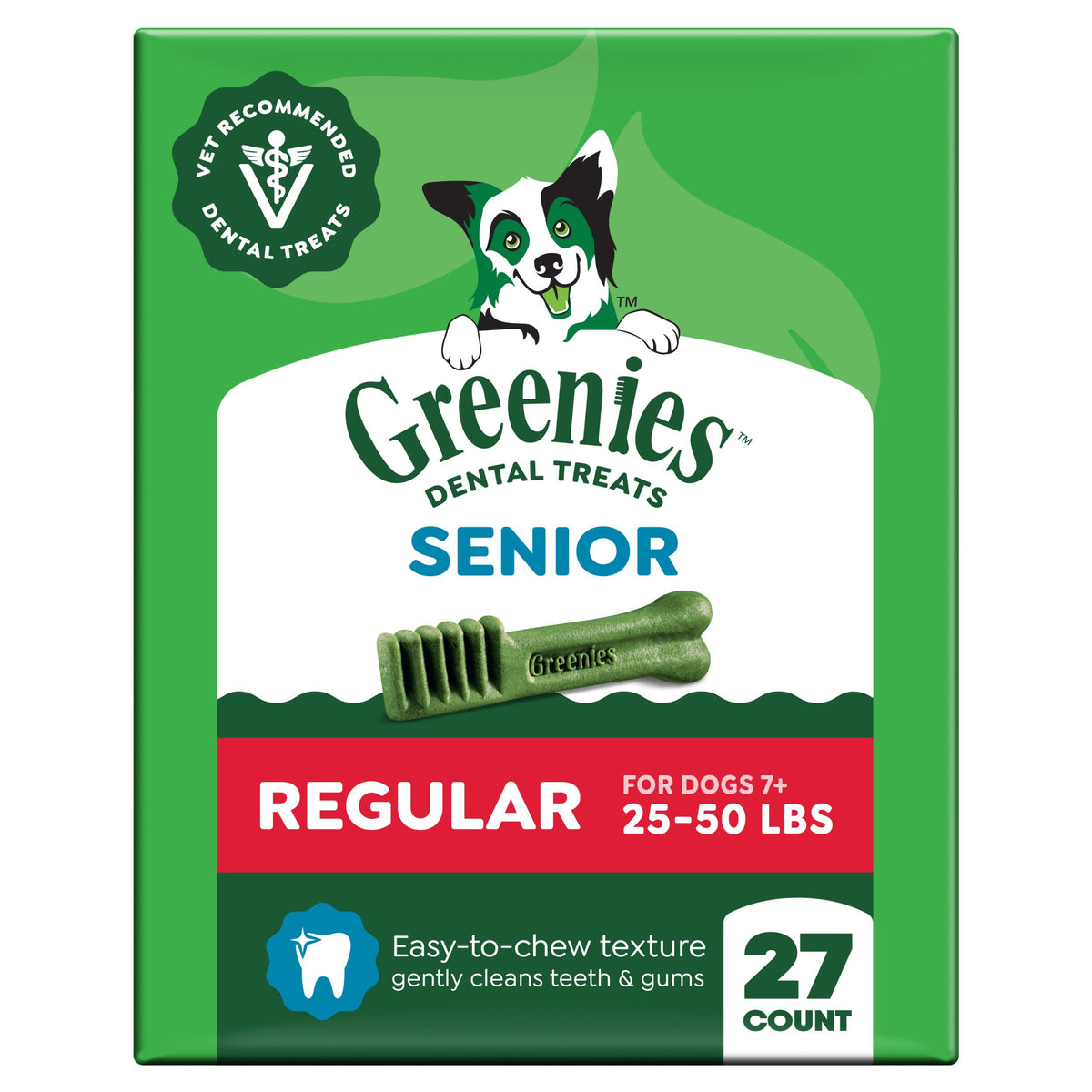 Greenies Aging Care dog treats in a 27 oz pack for daily dental care