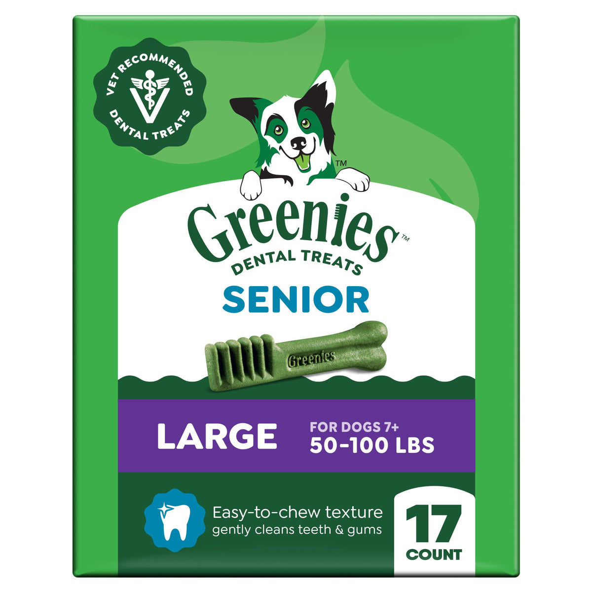 Greenies Aging Care large dog packaging shows 27 oz, 17-count pack for senior dogs