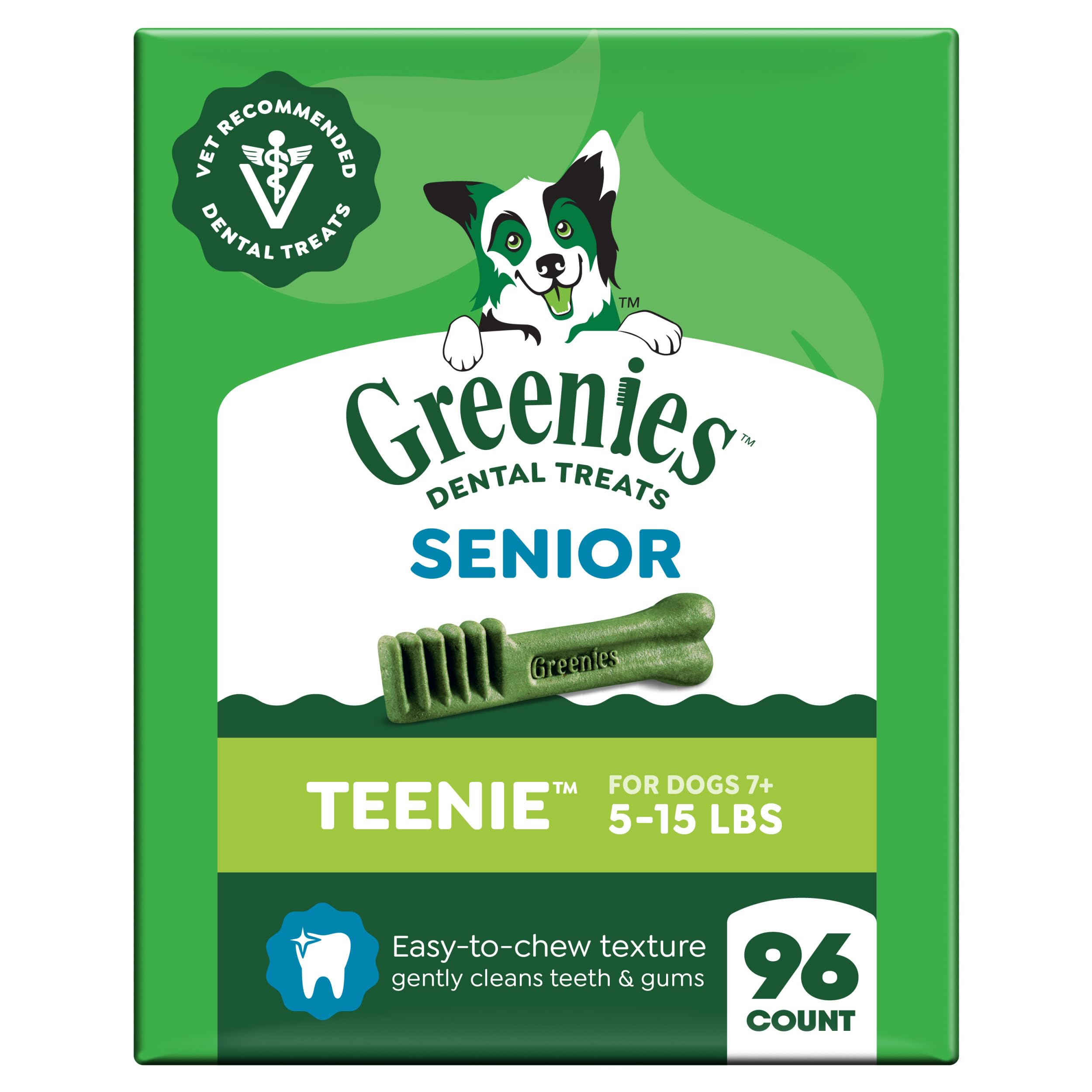 Greenies Aging Care teeth-cleaning chews support daily dental care for dogs.