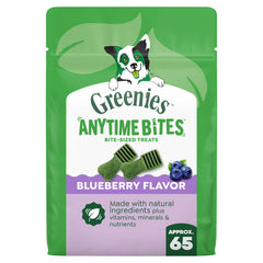 Greenies Anytime Bites blueberry pack shot shows small treats for training