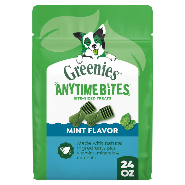 Greenies Anytime Bites Mint Flavor pack front emphasizing training rewards