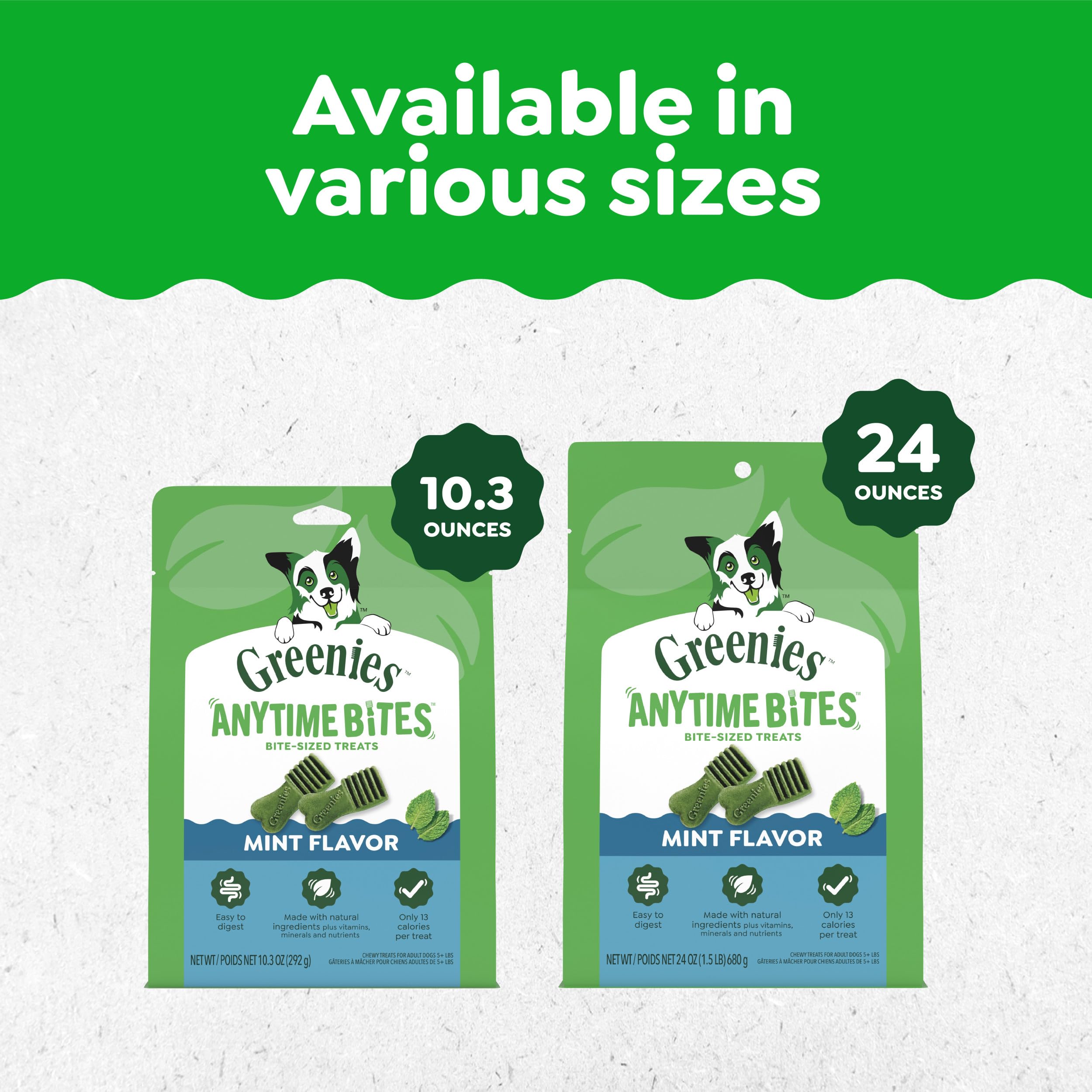 Greenies Anytime Bites natural ingredients note for balanced rewards