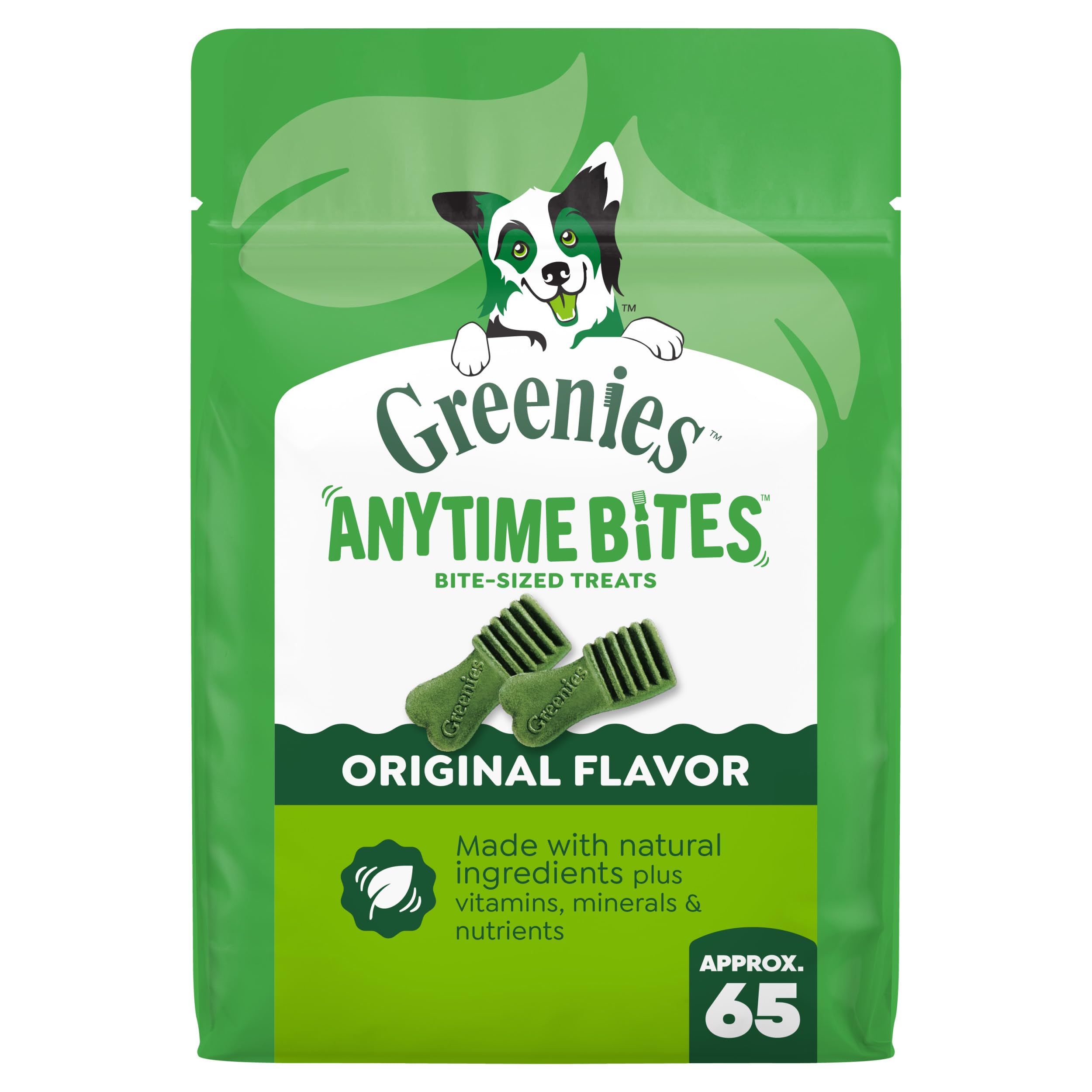 Greenies Anytime Bites original flavor bag front, ideal for training rewards.