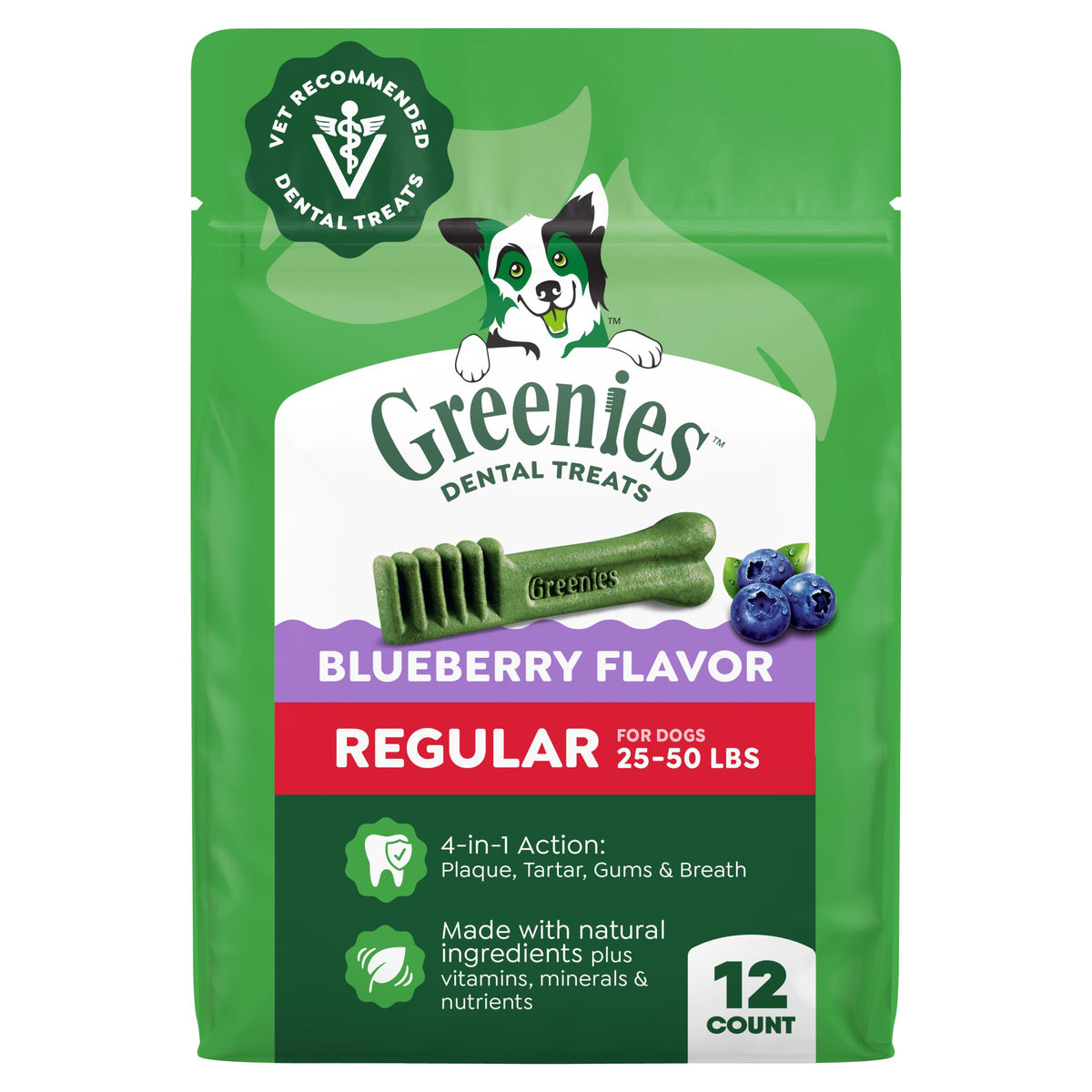 Greenies blueberry-flavor dog dental chews in a 12-count pack promote fresh breath.