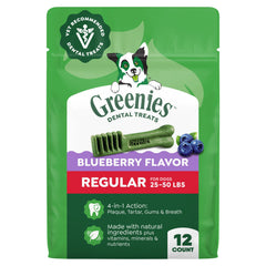 Greenies blueberry-flavor dog dental chews in a 12-count pack promote fresh breath.