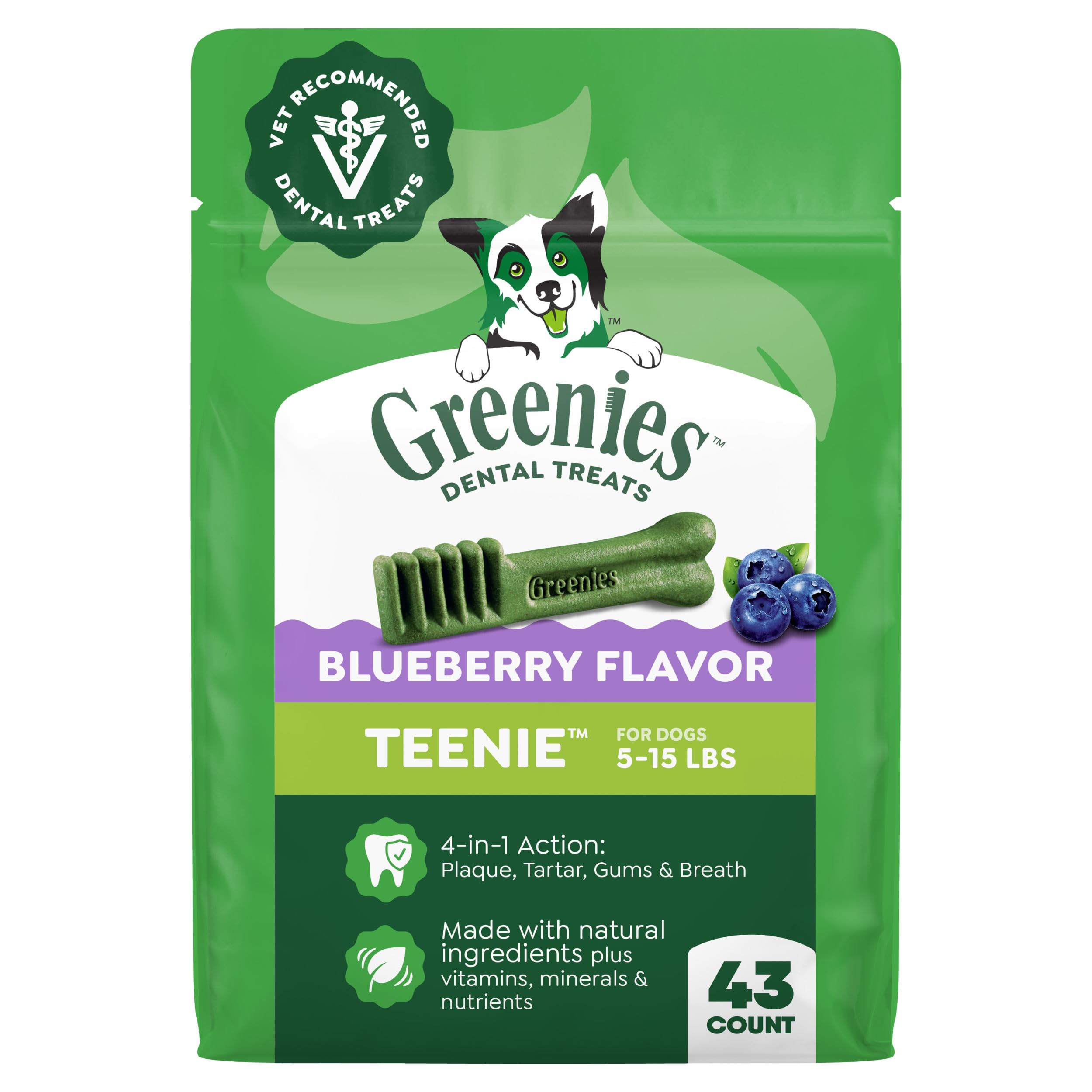 Greenies Teenie blueberry dental treats in a 12oz pack for small dogs, supporting daily dental care.