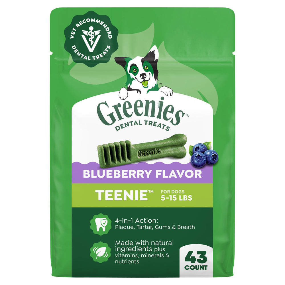 Greenies Teenie blueberry dental treats in a 12oz pack for small dogs, supporting daily dental care.