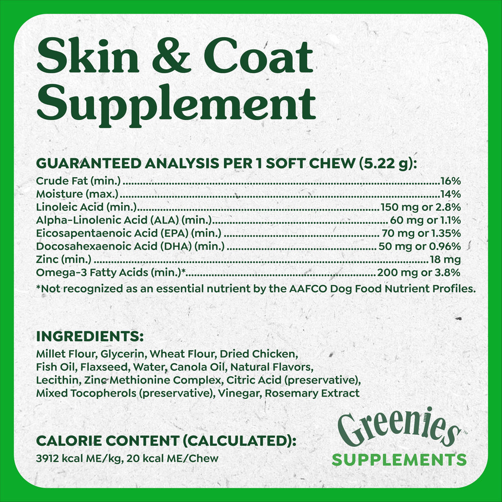 Greenies Skin & Coat bottle with oval chews ready-to-serve.