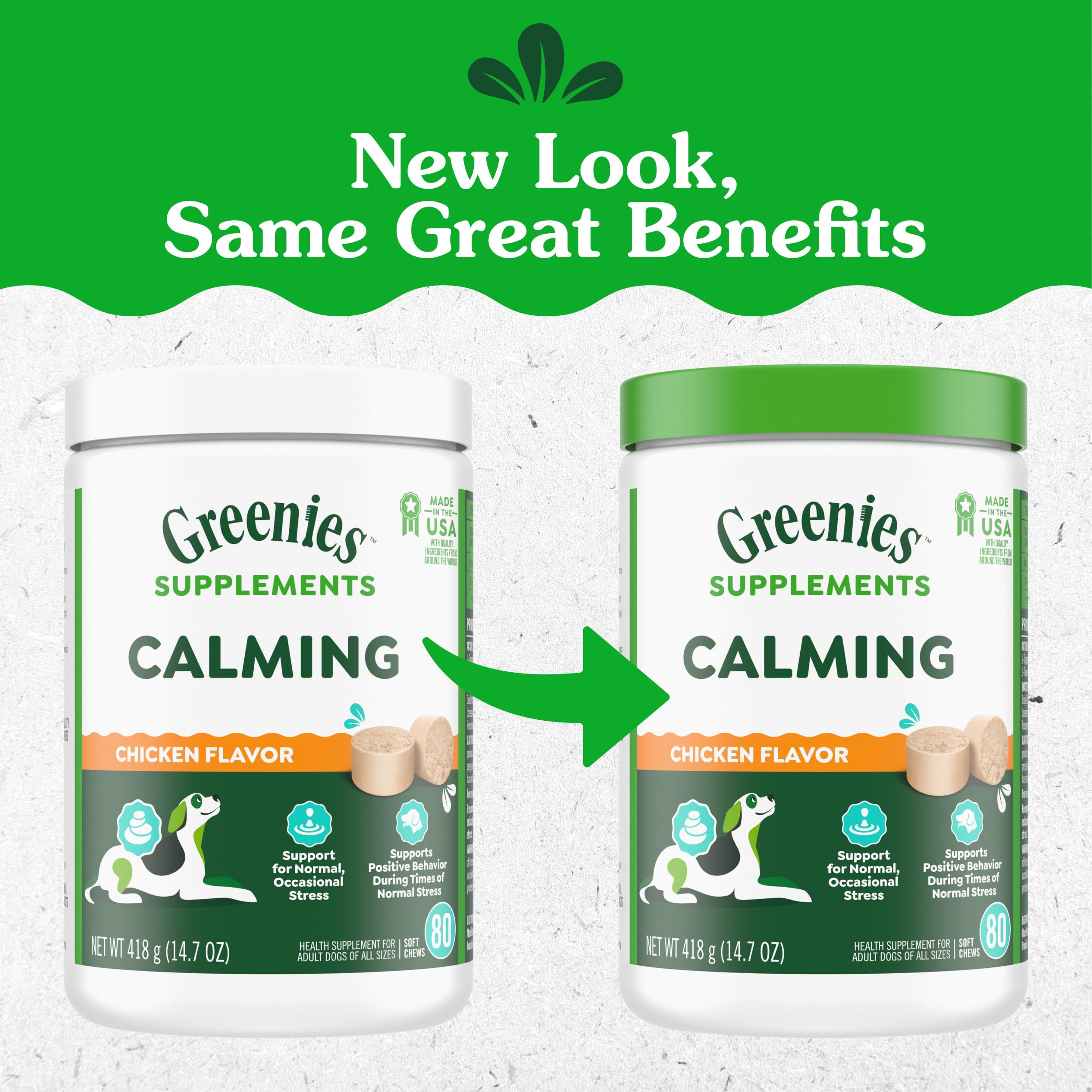 Greenies calming chews bottle label highlights USA-made dog supplement quality.