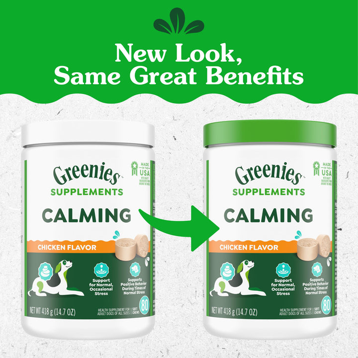Greenies calming chews bottle label highlights USA-made dog supplement quality.