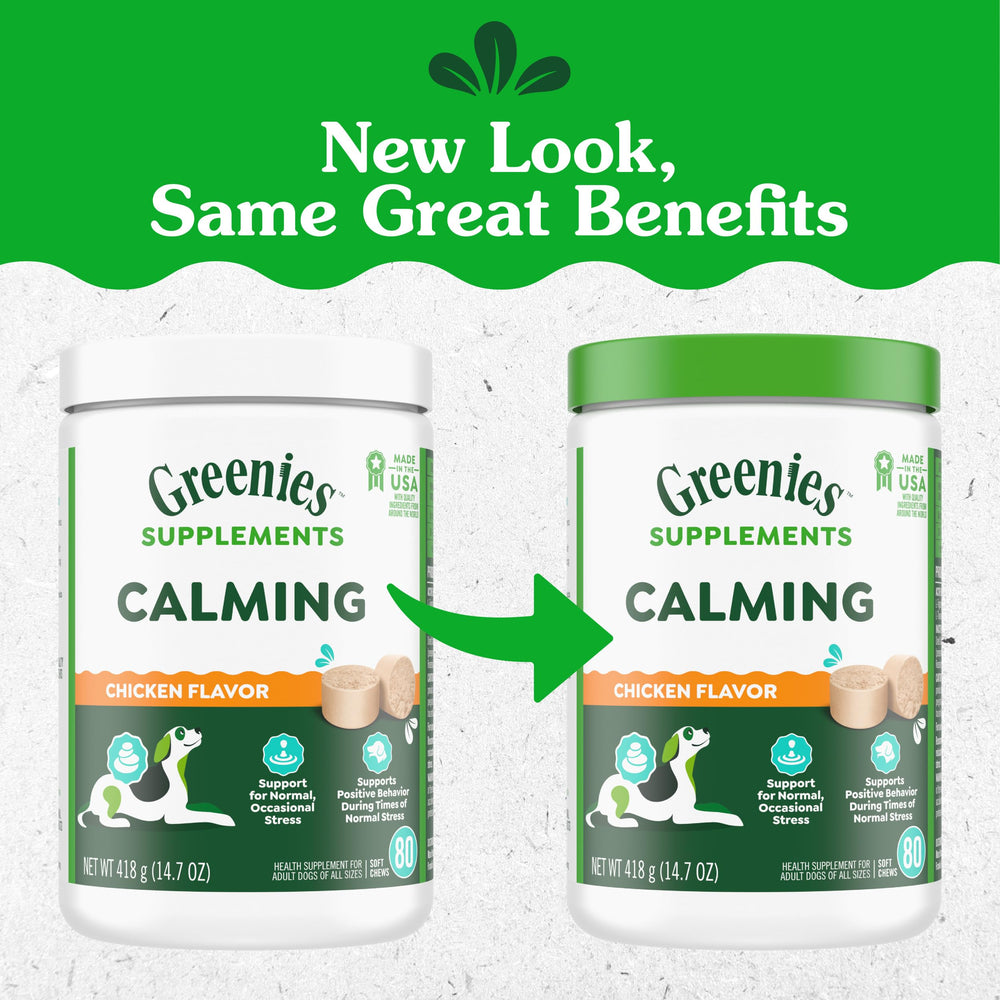 Greenies calming chews bottle label highlights USA-made dog supplement quality.
