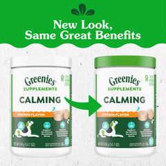 Greenies calming chews bottle label highlights USA-made dog supplement quality.